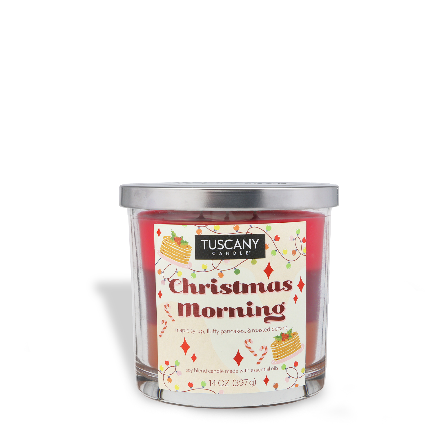 The Tuscany Candle® SEASONAL Christmas Morning Scented Holiday Candle (14 oz) comes in a glass jar with festive pancake-themed illustrations.