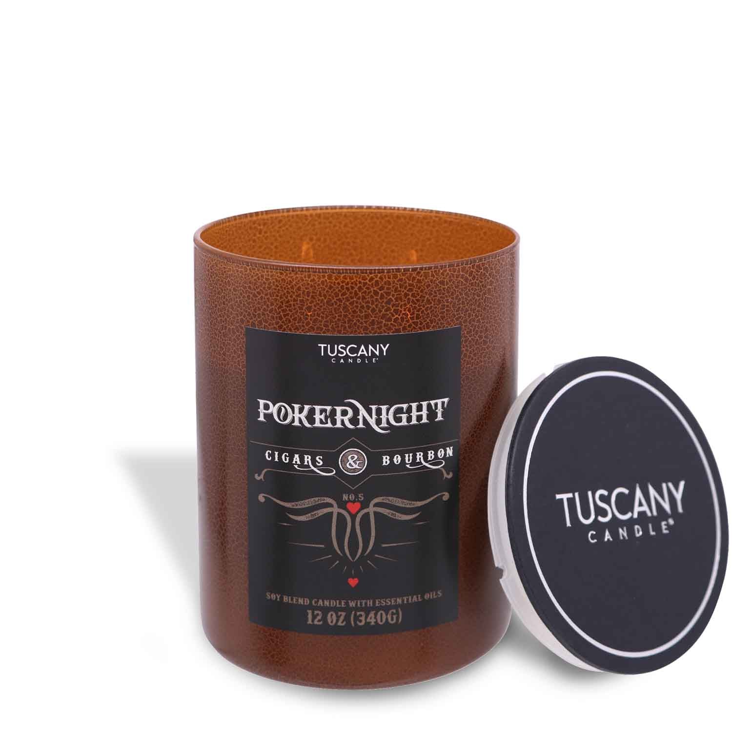 A Poker Night Scented Jar Candle (12 oz) from the Tuscany Candle® SEASONAL Rugged Retreat Collection with a label on it.