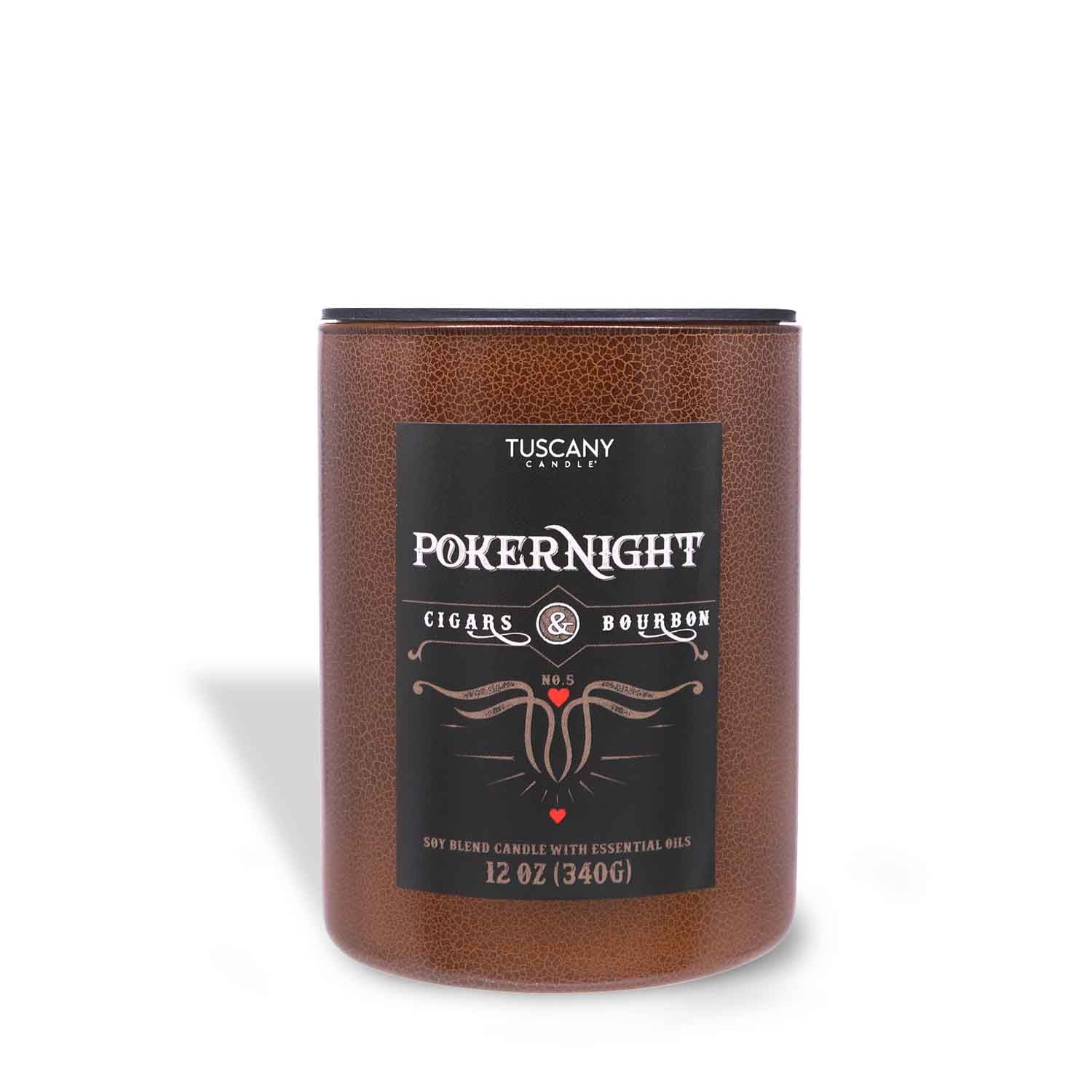 A Poker Night Scented Jar Candle (12 oz) from the Rugged Retreat Collection by Tuscany Candle® SEASONAL, featuring the aroma of dried tobacco leaves and a hint of vanilla bourbon.