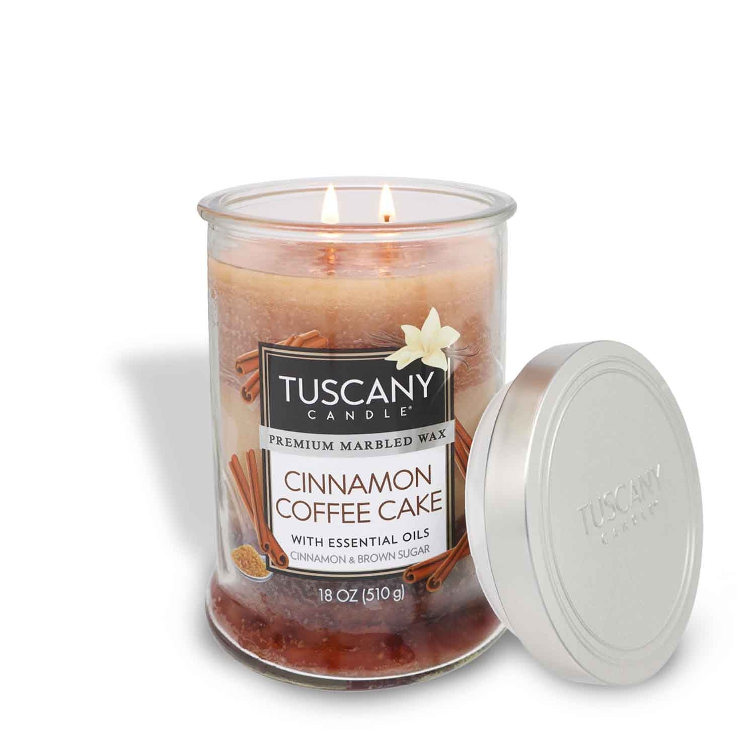 This Cinnamon Coffee Cake Long-Lasting Scented Jar Candle (18 oz) from Tuscany Candle brings the warm and inviting aroma of Tuscany cinnamon coffee to any space. With fragrance notes reminiscent of a freshly baked Cinnamon Coffee Cake, this candle creates a cozy ambiance.