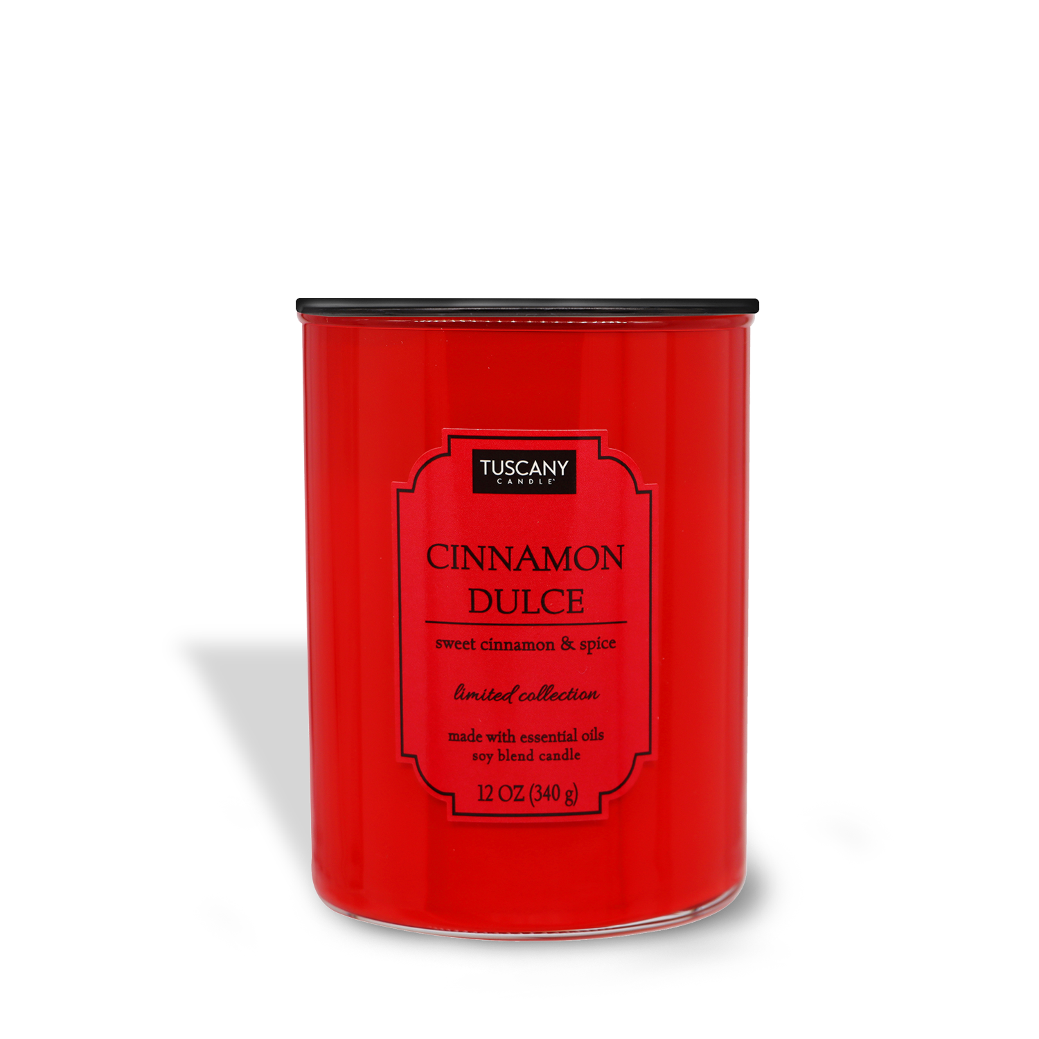 Red Tuscany Candle® EVD tin labeled "Cinnamon Dulce (12 oz) candle," with a description of sweet cinnamon and spice, from the Colorsplash collection.