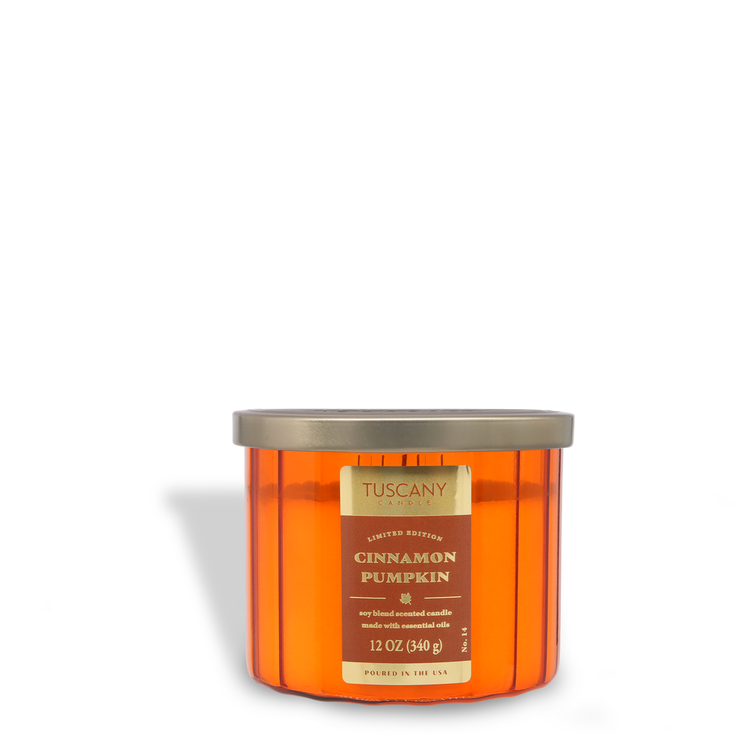 An orange glass jar candle with a metallic lid labeled "Tuscany Candle® SEASONAL, Cinnamon Pumpkin: Nutmeg & Pumpkin Scented Fall Candle, 12 oz (340 g).