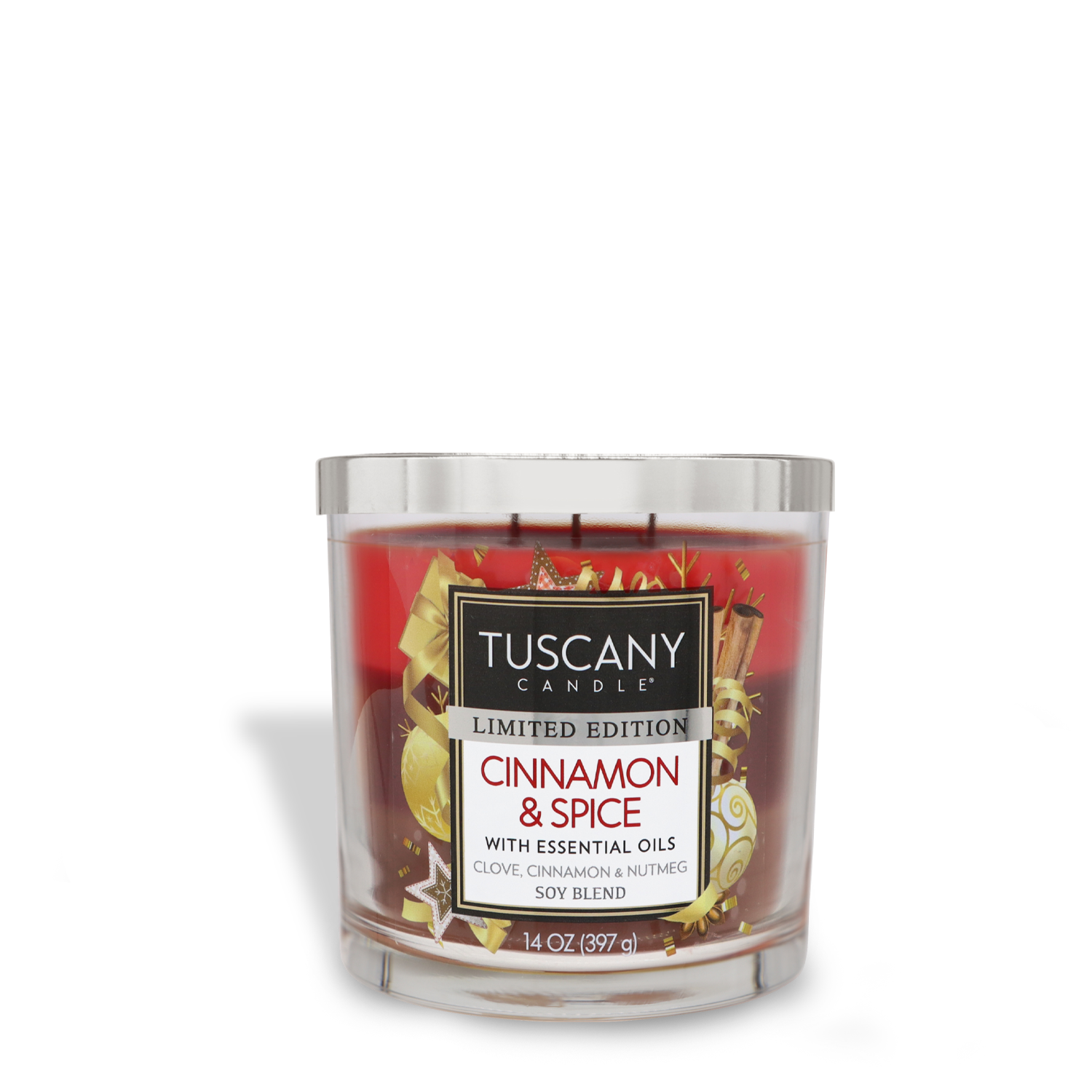 A 14 oz Cinnamon & Spice Long-Lasting Scented Jar Candle from Tuscany Candle® SEASONAL, a limited edition fragrance made with essential oils of clove, cinnamon, and nutmeg in a soy blend.