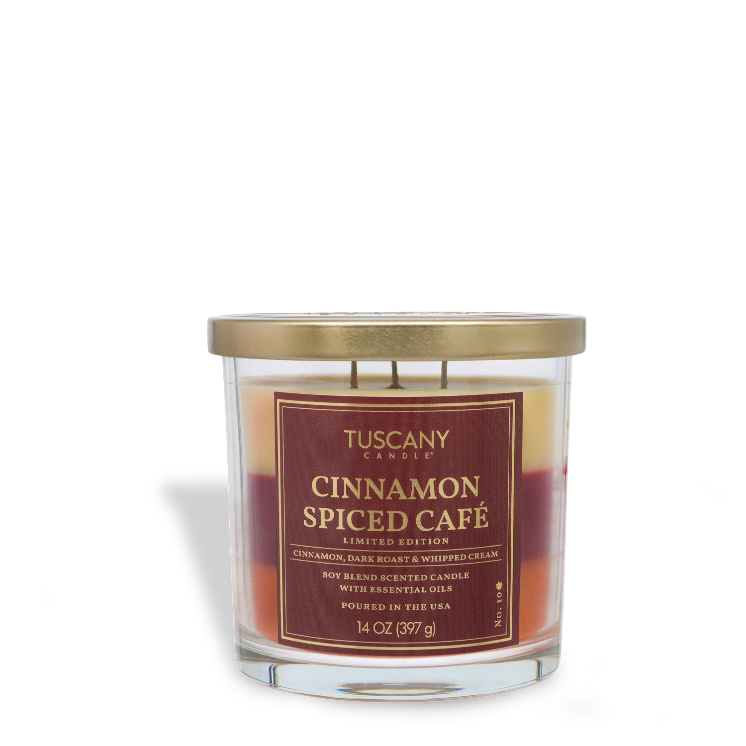 The Tuscany Candle® SEASONAL Cinnamon Spiced Café: Pumpkin Spice Latte Scented Fall Candle (14 oz) comes in a glass jar with a gold lid, featuring a soy blend and essential oils.