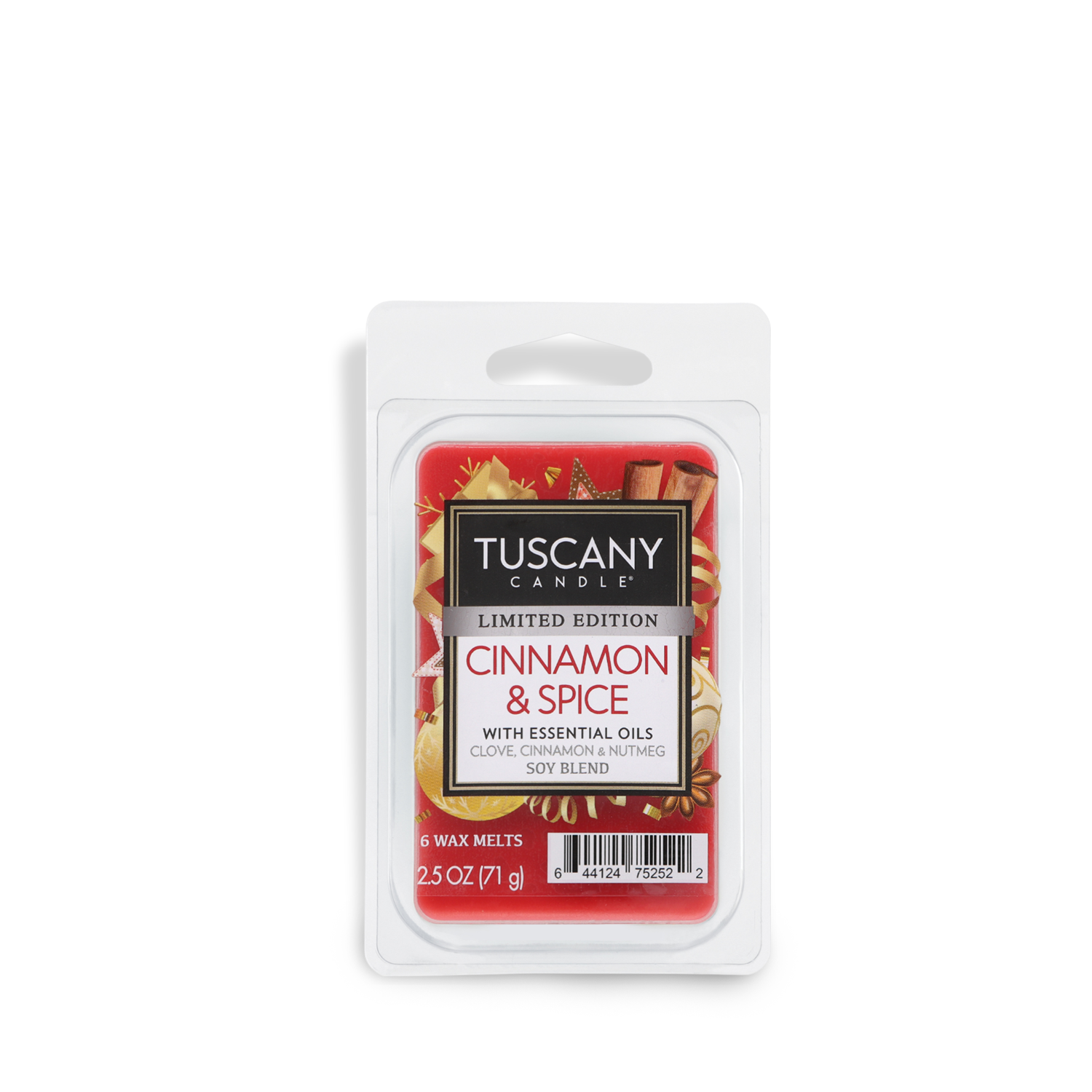 Plastic packaging containing red wax melts labeled "Tuscany Candle® SEASONAL Cinnamon & Spice Scented Wax Melt (2.5 oz) with essential oils" against a white background.