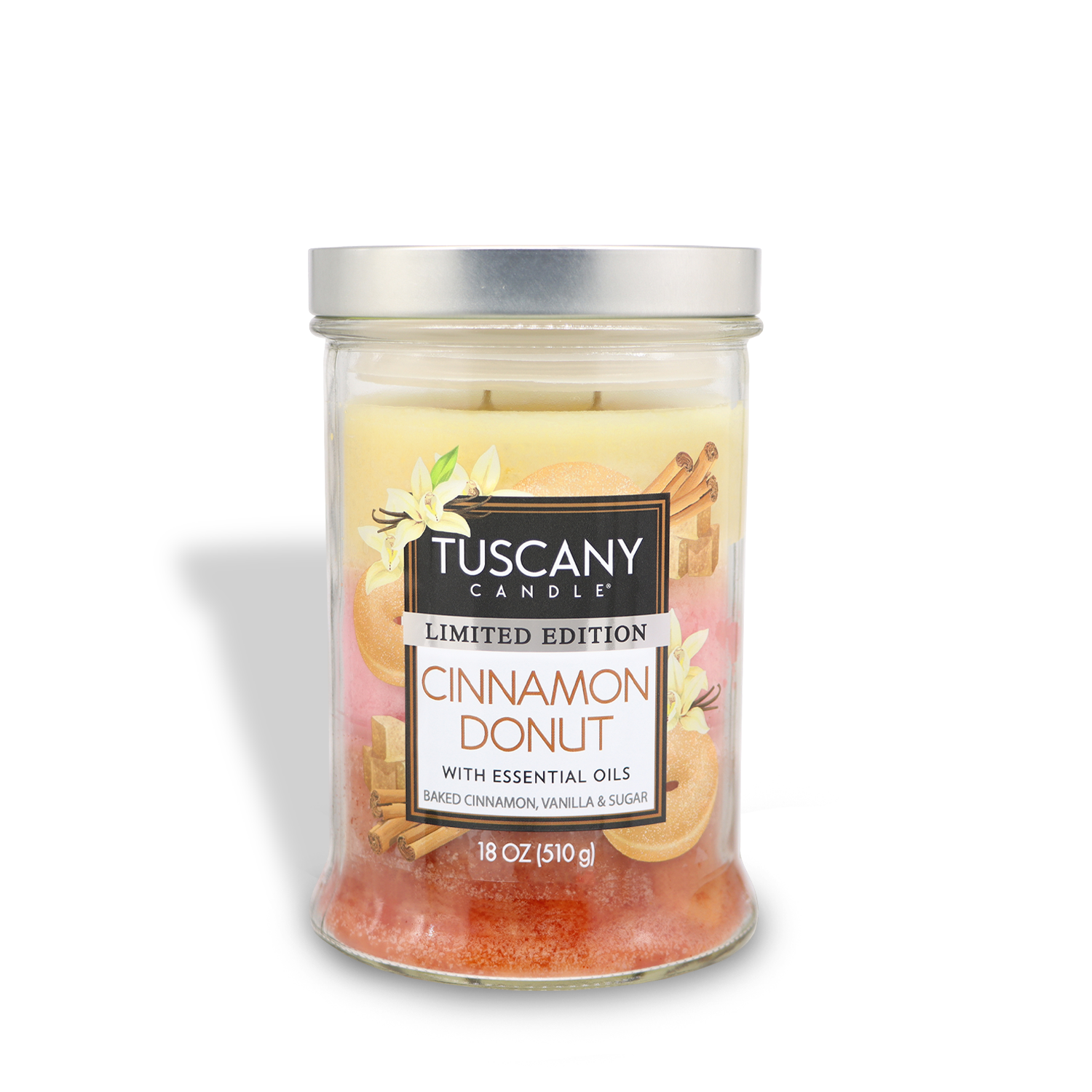 Limited edition Tuscany Candle® SEASONAL glass jar, "Cinnamon Donut: Cinnamon & Sugar Scented Spring Candle," 18 oz with essential oils.