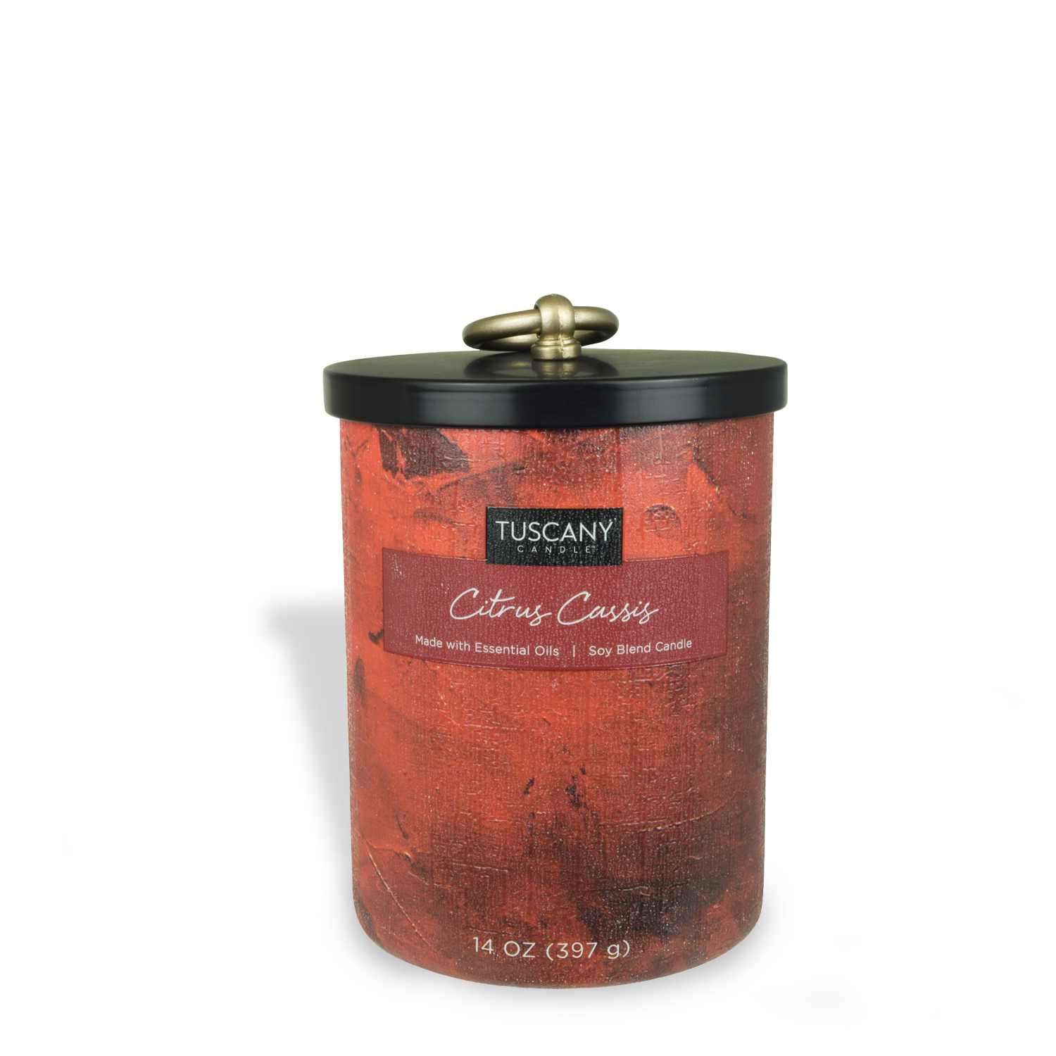A Citrus Cassis Scented Jar Candle (14 oz) from the Tuscany Candle Home Décor Collection, with a black lid, emitting a delightful fragrance of essential oils, set against a clean white background.