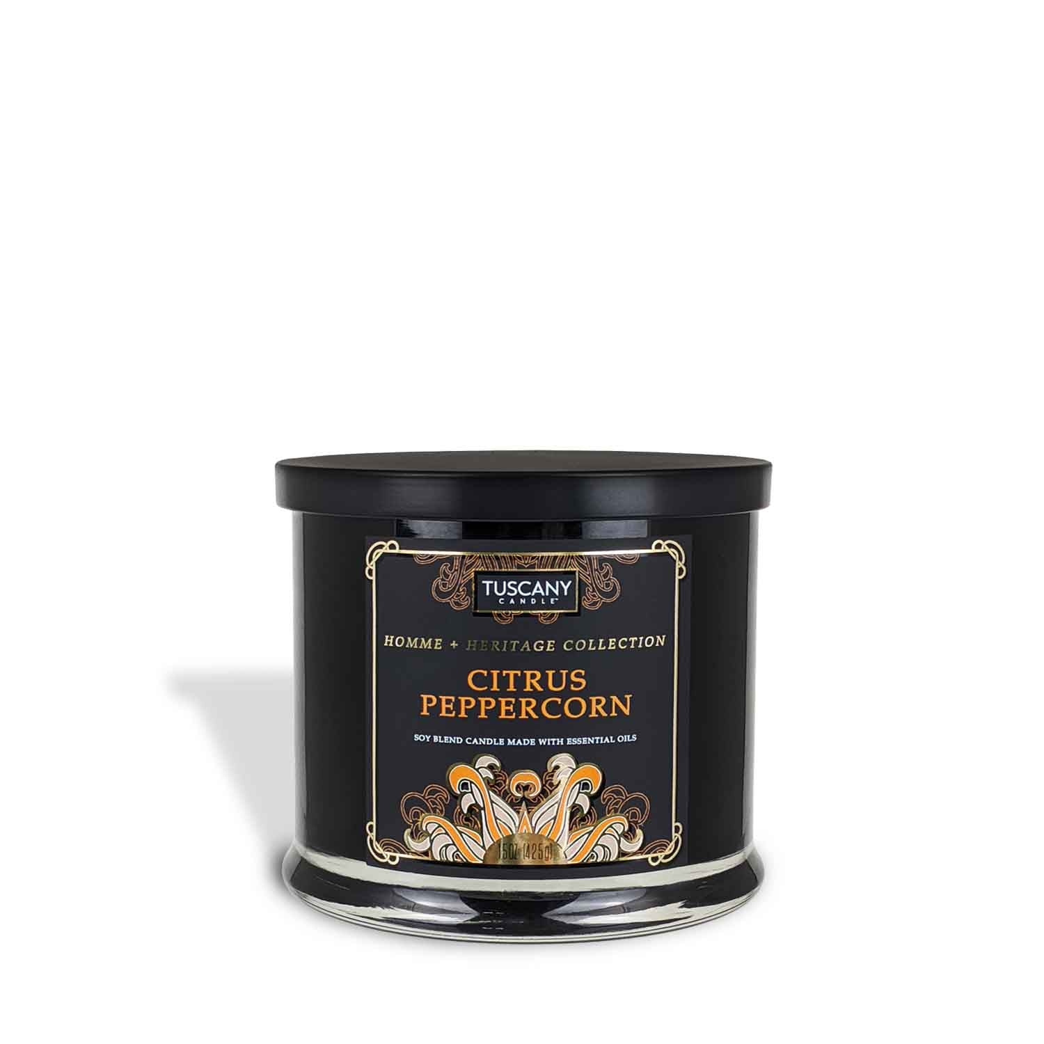 A Citrus Peppercorn Scented Jar Candle (15 oz) – Homme + Heritage Collection by Tuscany Candle, in a black tin, featuring the masculine fragrance of Citrus Peppercorn.