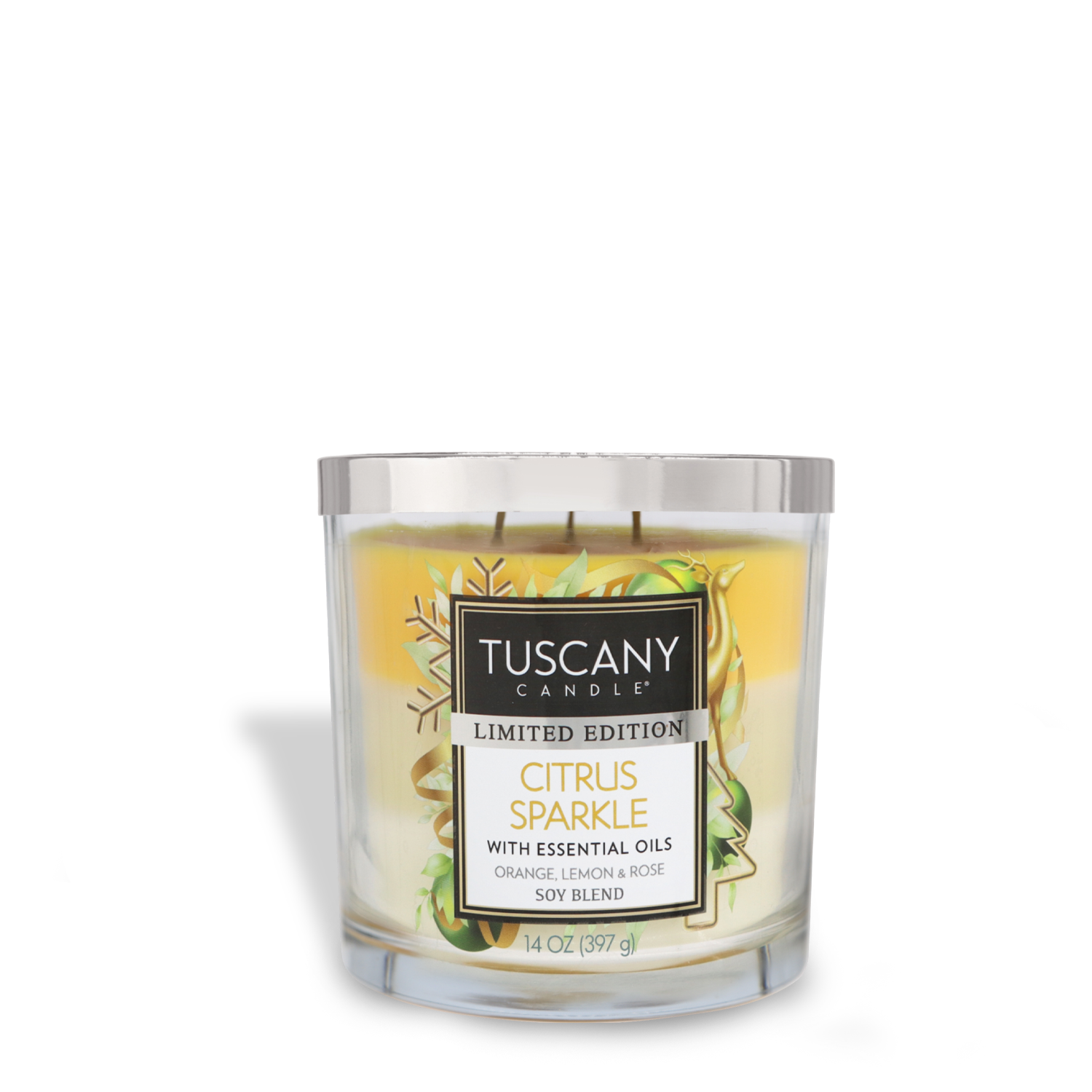 14 oz Citrus Sparkle Long-Lasting Scented Jar Candle by Tuscany Candle® SEASONAL. A soy blend candle with essential oils of orange, lemon, and rose, in a clear glass container with a metal lid.
