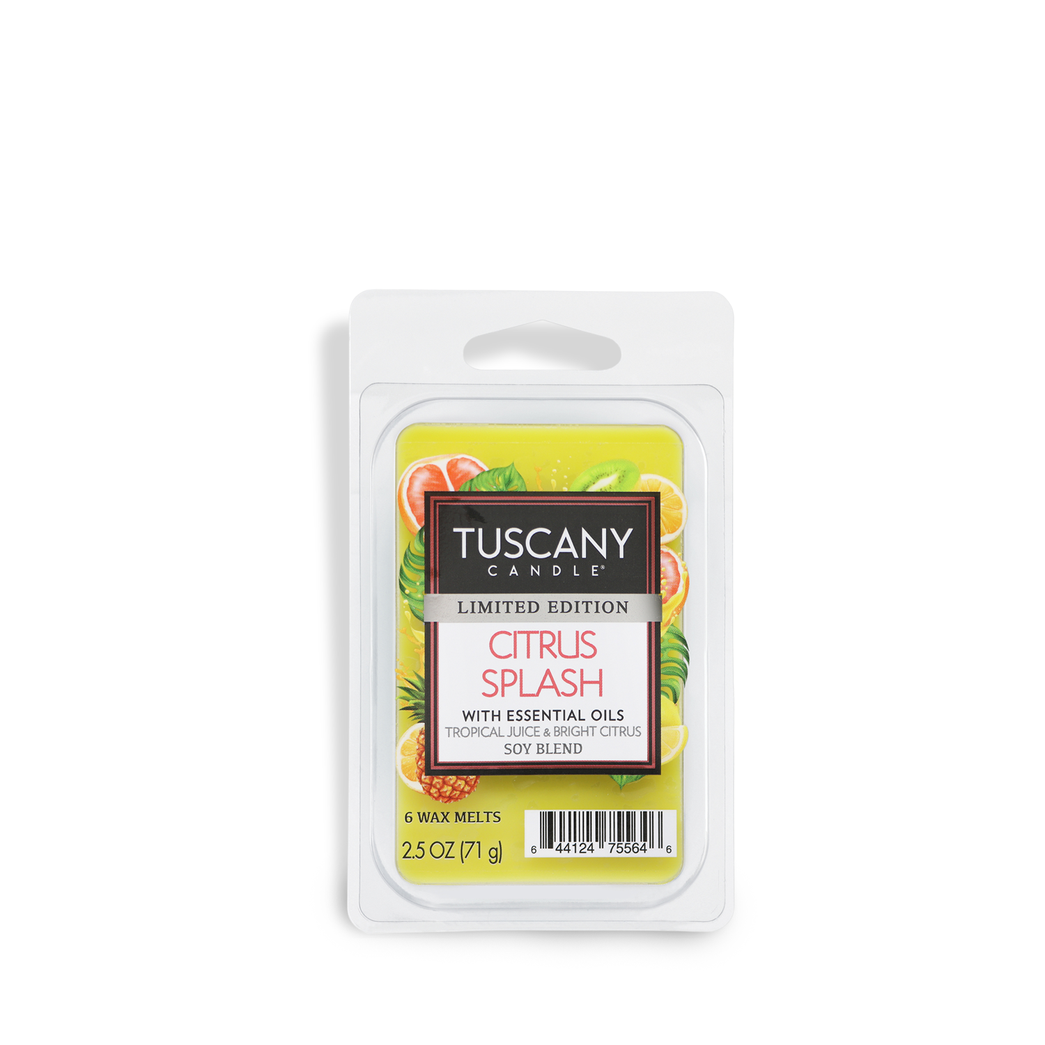 Limited edition Tuscany Candle® SEASONAL packaging for Citrus Splash Tropical Scented Spring Wax Melt, 2.5 oz, features a citrus and tropical design.