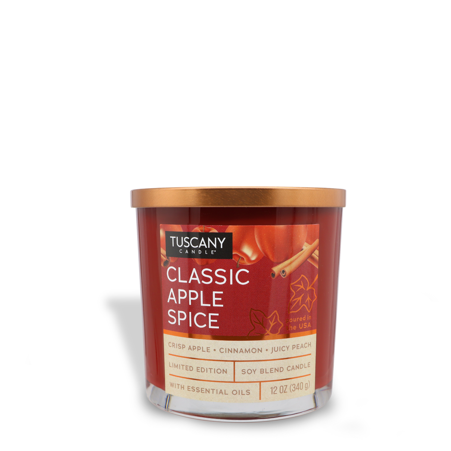 A 12 oz soy blend candle from the Copper Harvest Collection, labeled "Classic Apple Spice Long-Lasting Scented Jar Candle" by Tuscany Candle® SEASONAL, features essential oils and a scent blend of crisp apple, cinnamon, and juicy peach. Sold as a limited edition.