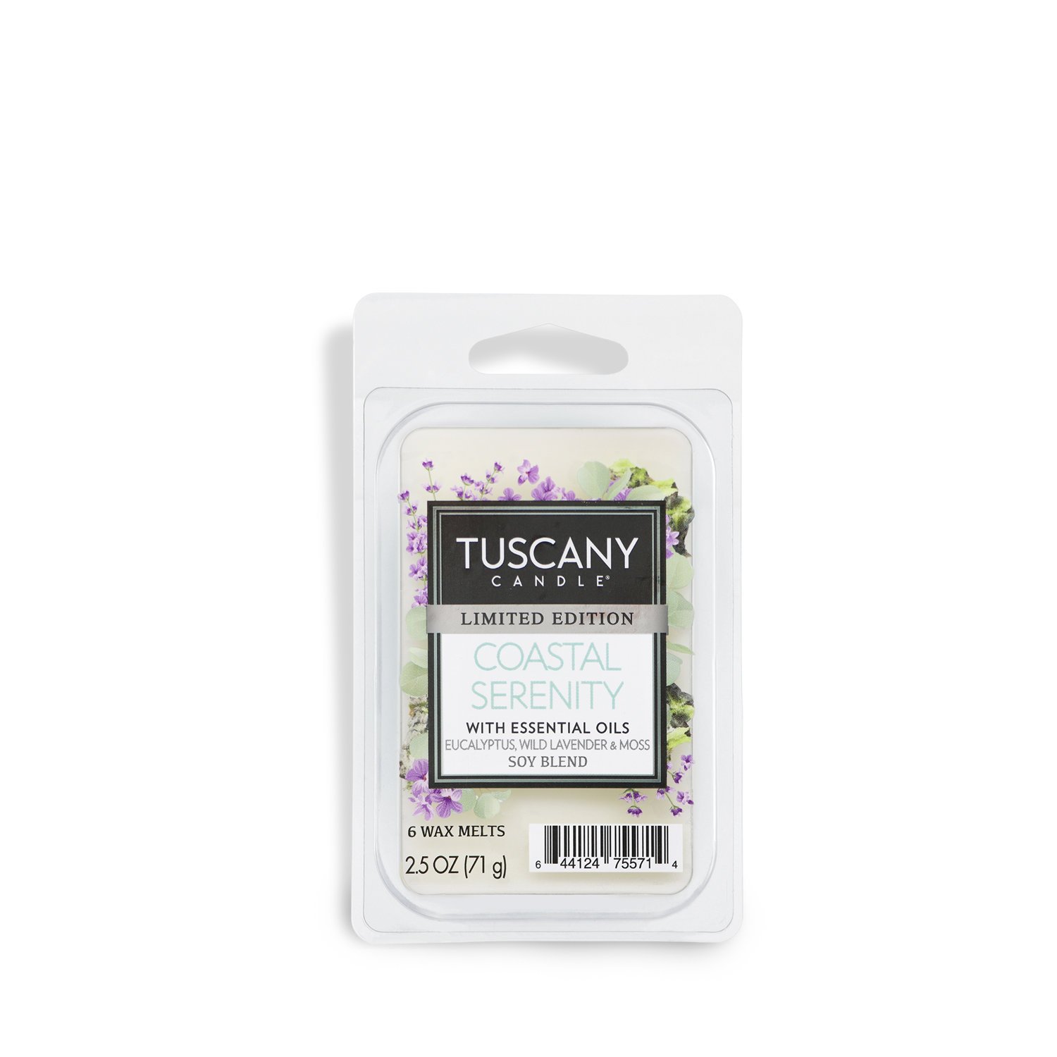 Tuscany Candle® SEASONAL presents "Coastal Serenity," a 2.5 oz eucalyptus-scented wax melt infused with essential oils.