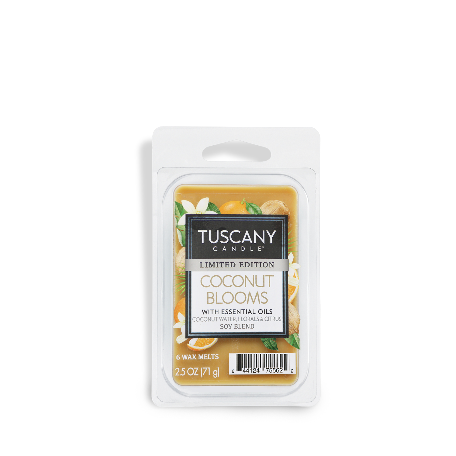 A pack of Tuscany Candle® SEASONAL wax melts named "Coconut Blossoms: Tropical Scented Spring" combines coconut, neroli, and citrus aromas with essential oils.