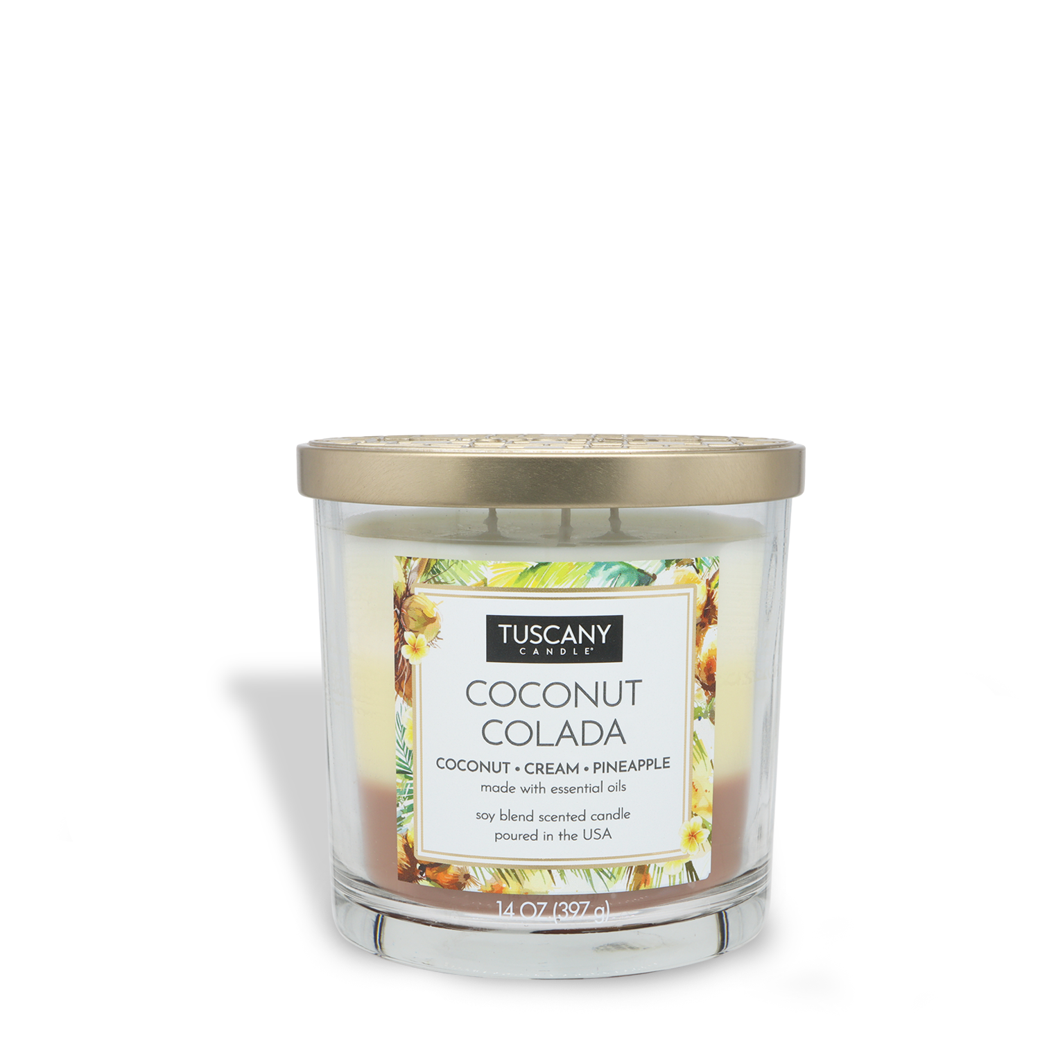The Tuscany Candle® EVD Coconut Colada Long-Lasting Scented Jar Candle (14 oz) features a tropical fragrance in a clear glass jar with a gold lid and floral label, perfect for filling your space with lasting scent.