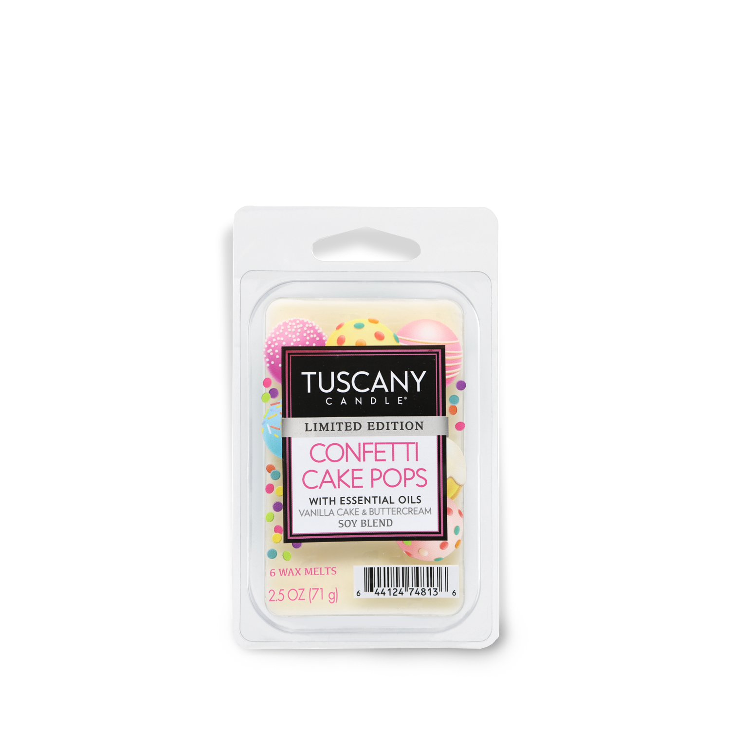 Indulge in the delicious aroma of a Tuscany Candle® SEASONAL Confetti Cake Pops Scented Wax Melt (2.5 oz).
