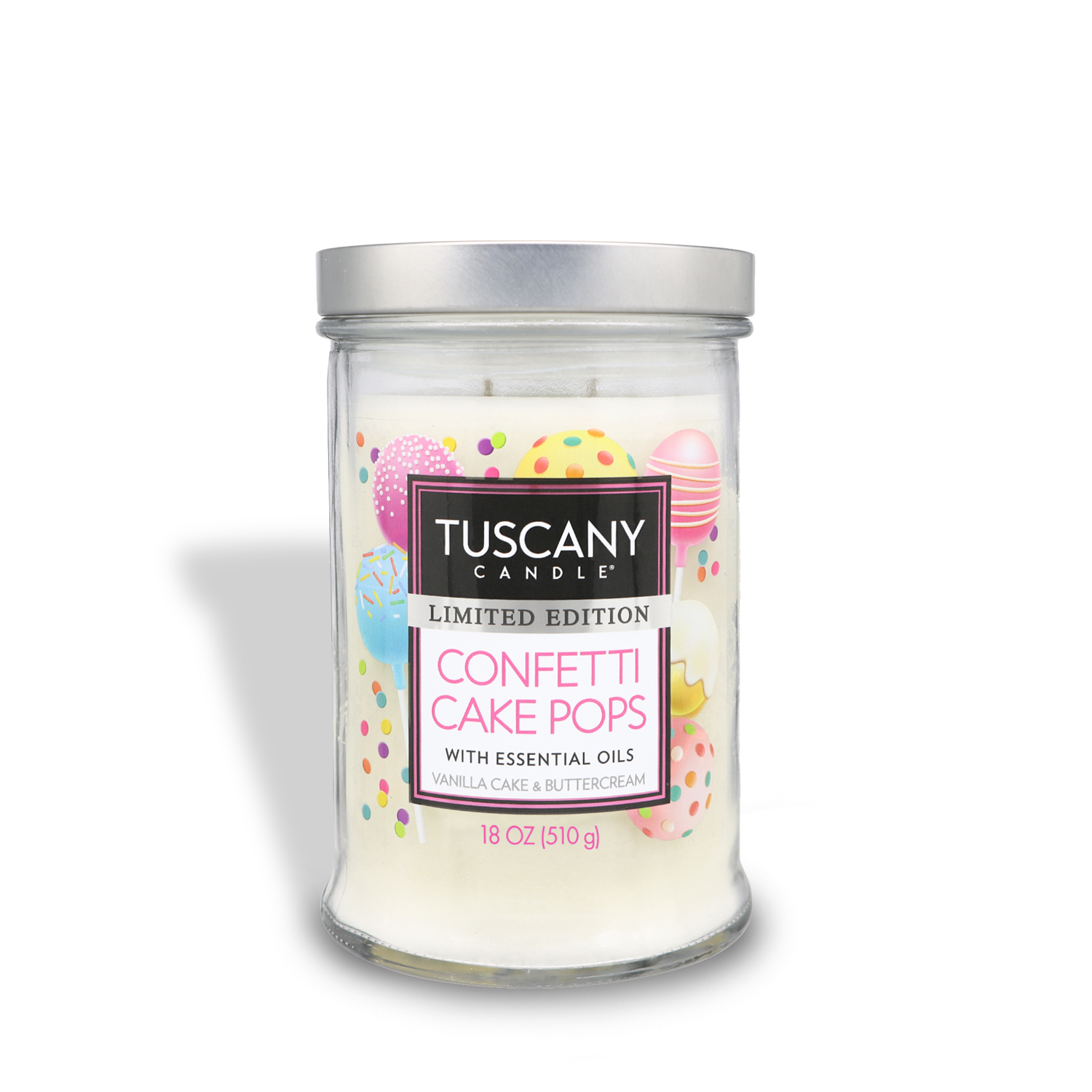 A Confetti Cake Pops Long-Lasting Scented Jar Candle (18 oz) in a jar.