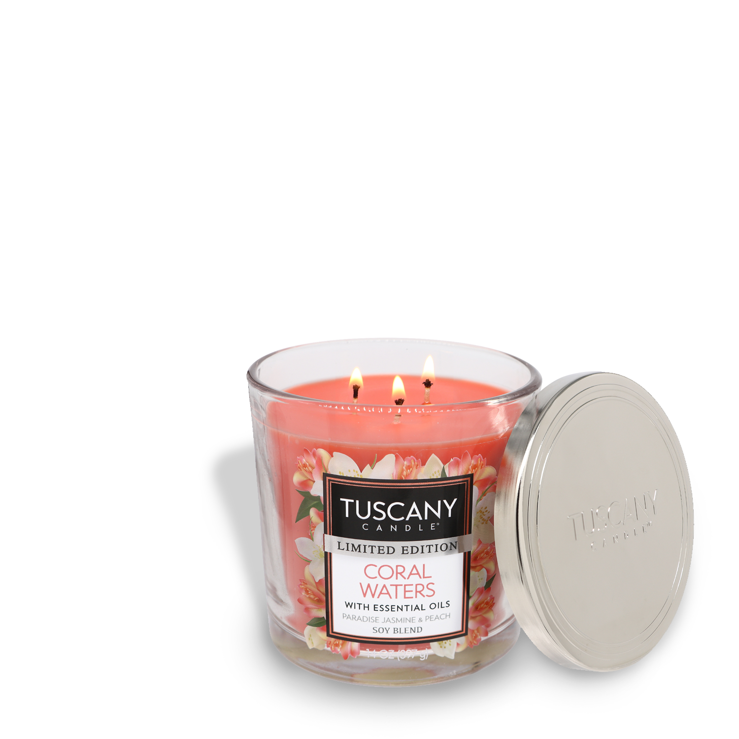 A Tuscany Candle® SEASONAL Coral Waters Long-Lasting Scented Jar Candle (14 oz) in a glass jar with a label that reads "tuscany limited edition coral waters with essential oils soy blend" beside its metallic lid.