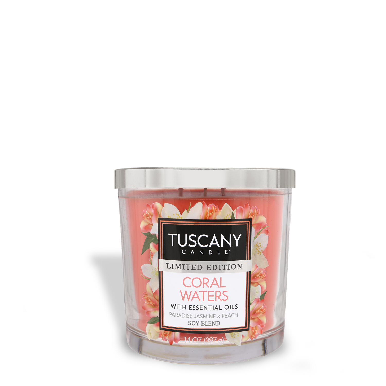 A Tuscany Candle® SEASONAL Coral Waters Long-Lasting Scented Jar Candle (14 oz) with essential oils, featuring notes of paradise jasmine and peach.
