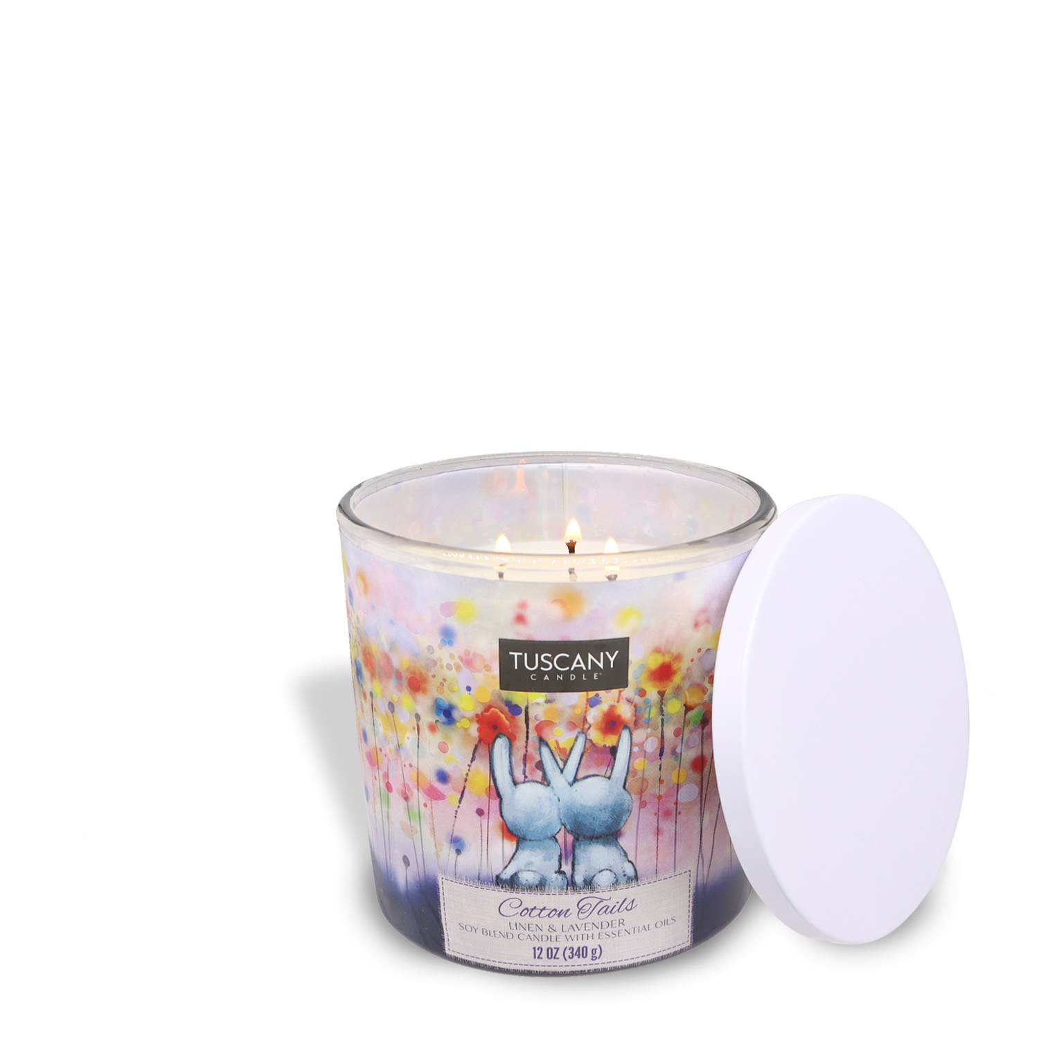 A Tuscany Candle® SEASONAL calming jar with a lid and a Cotton Tails Long-Lasting Scented Jar Candle (12 oz) inside.