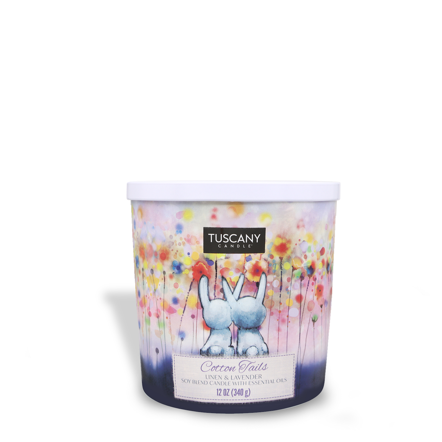 A calming Cotton Tails Long-Lasting Scented Jar Candle (12 oz) with an image of a bunny for Easter.