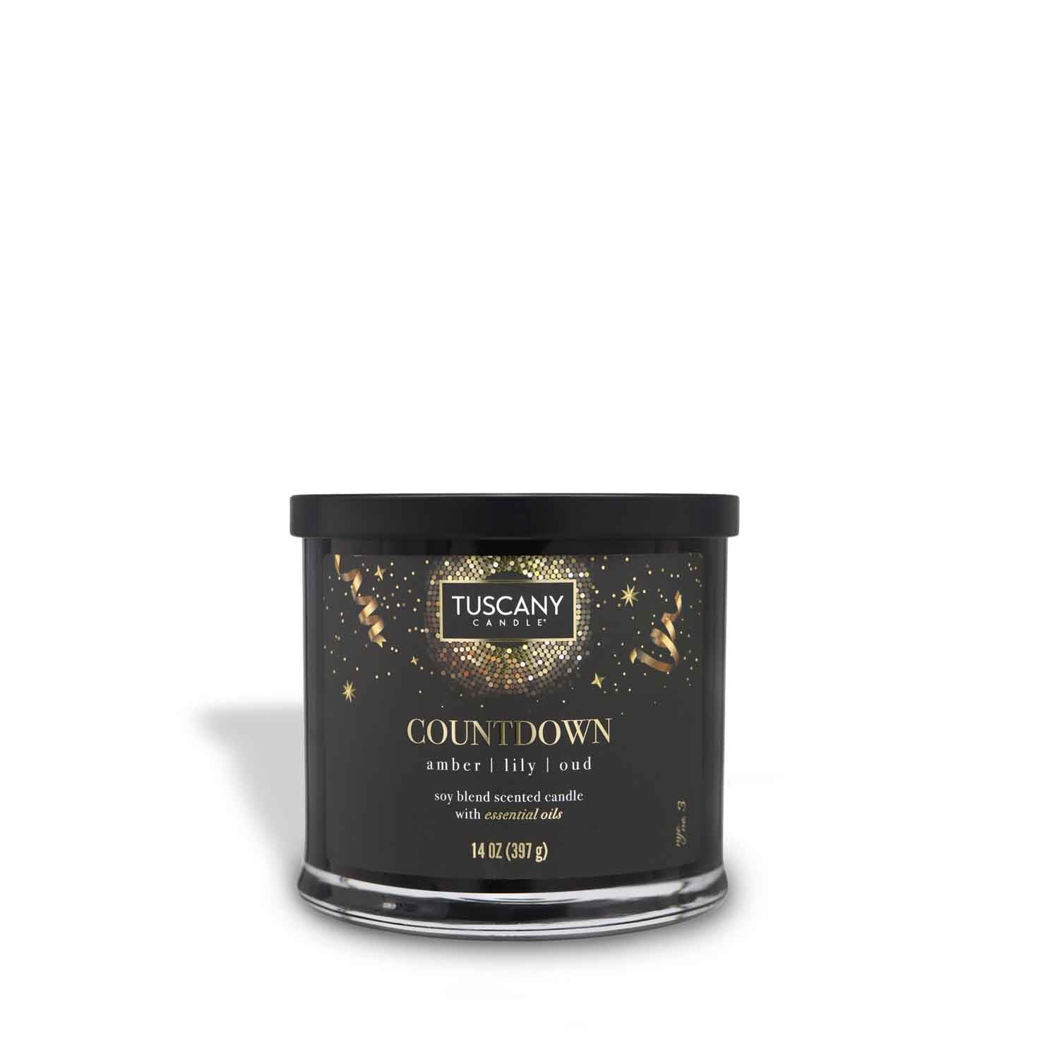 Glossy black jar housing the 'Countdown' candle, exuding scents of amber, lily, and oud, adorned with a stylish New Year's Eve-inspired label.