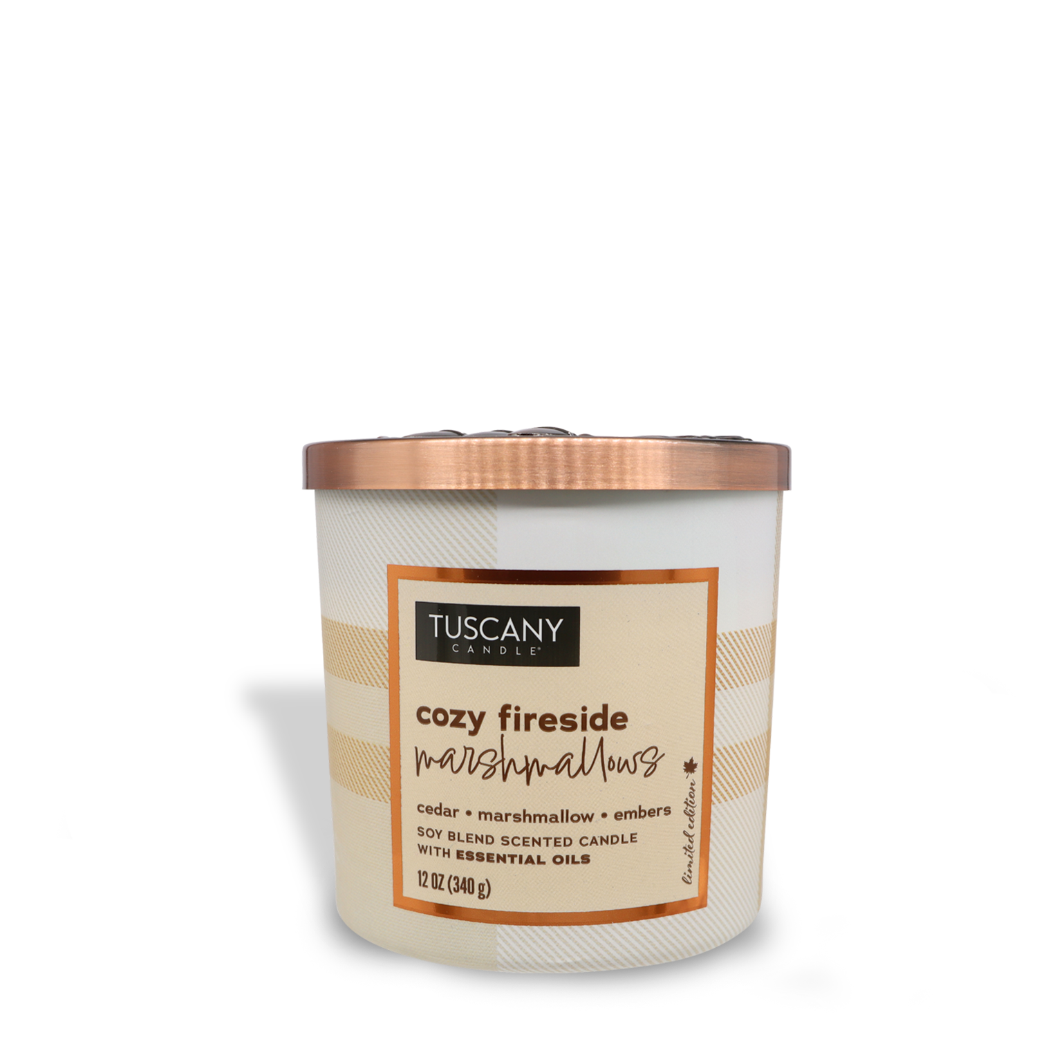 The Cozy Fireside Marshmallows Long-Lasting Scented Jar Candle (12 oz) from the Tuscany Candle® SEASONAL Autumn Flannels Collection, adorned with a copper-colored lid, offers a cedar woodsy aroma blended with marshmallow and embers. Crafted with essential oils, it weighs 12 oz (340 g).