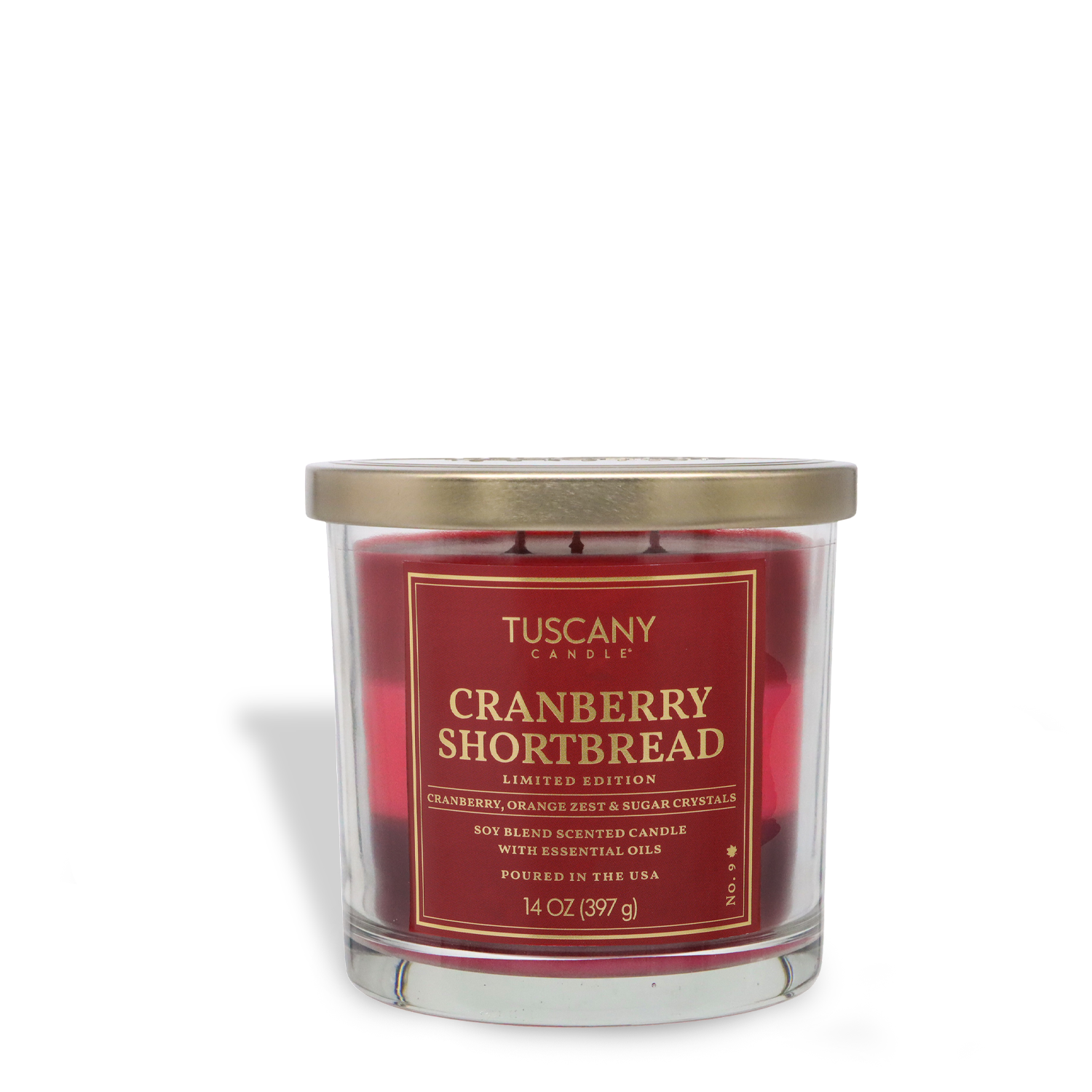 A 14 oz Tuscany Candle® SEASONAL Cranberry Shortbread: Sweet Cranberry & Sugar Scented Fall Candle in a glass jar with red wax and gold lid, limited edition.