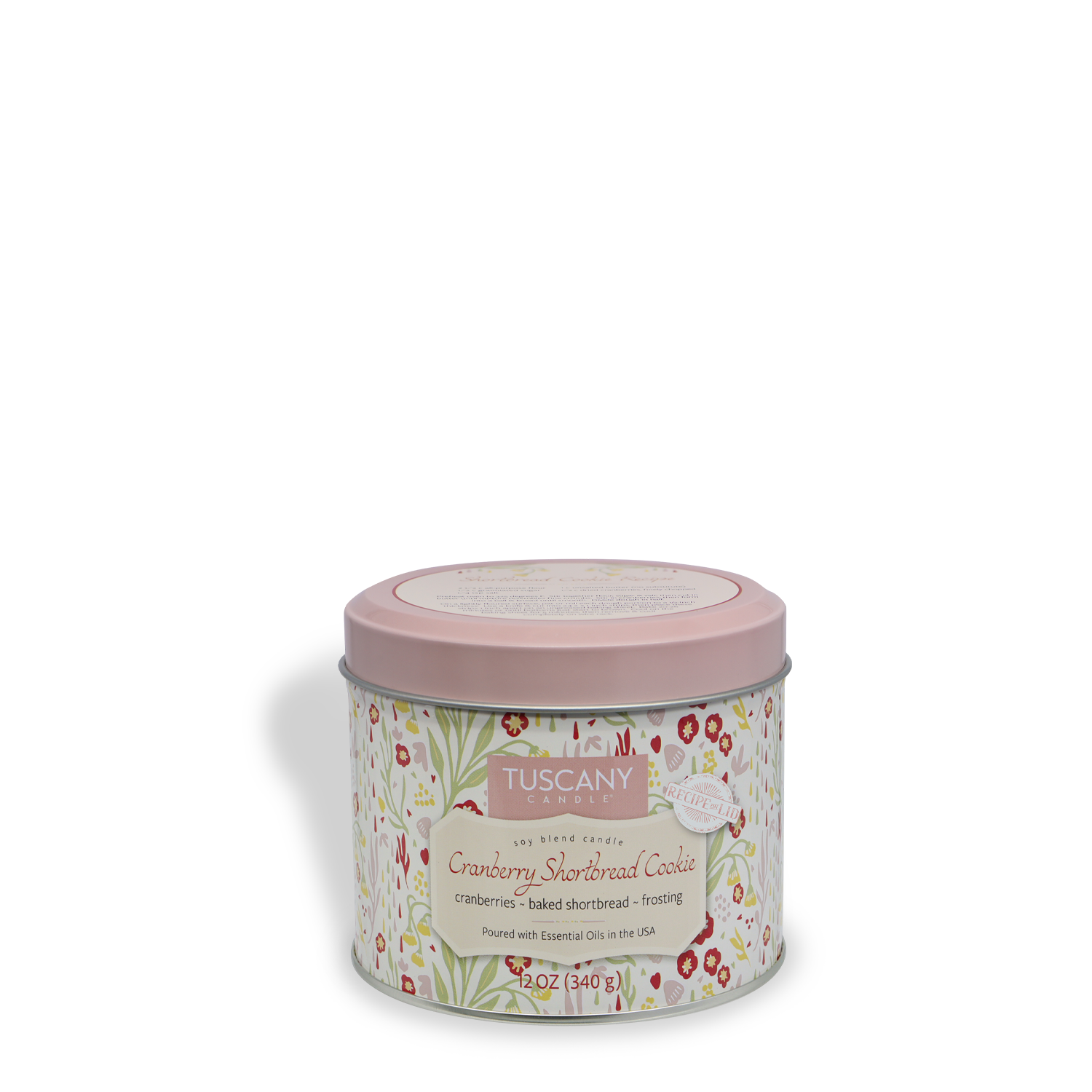 A round tin with floral design and a pink lid labeled "Tuscany Candle® SEASONAL – Cranberry Shortbread Cookie: Homemade Frosting Scented Fall Candle, 12 oz," from the Bakery Tins Collection.