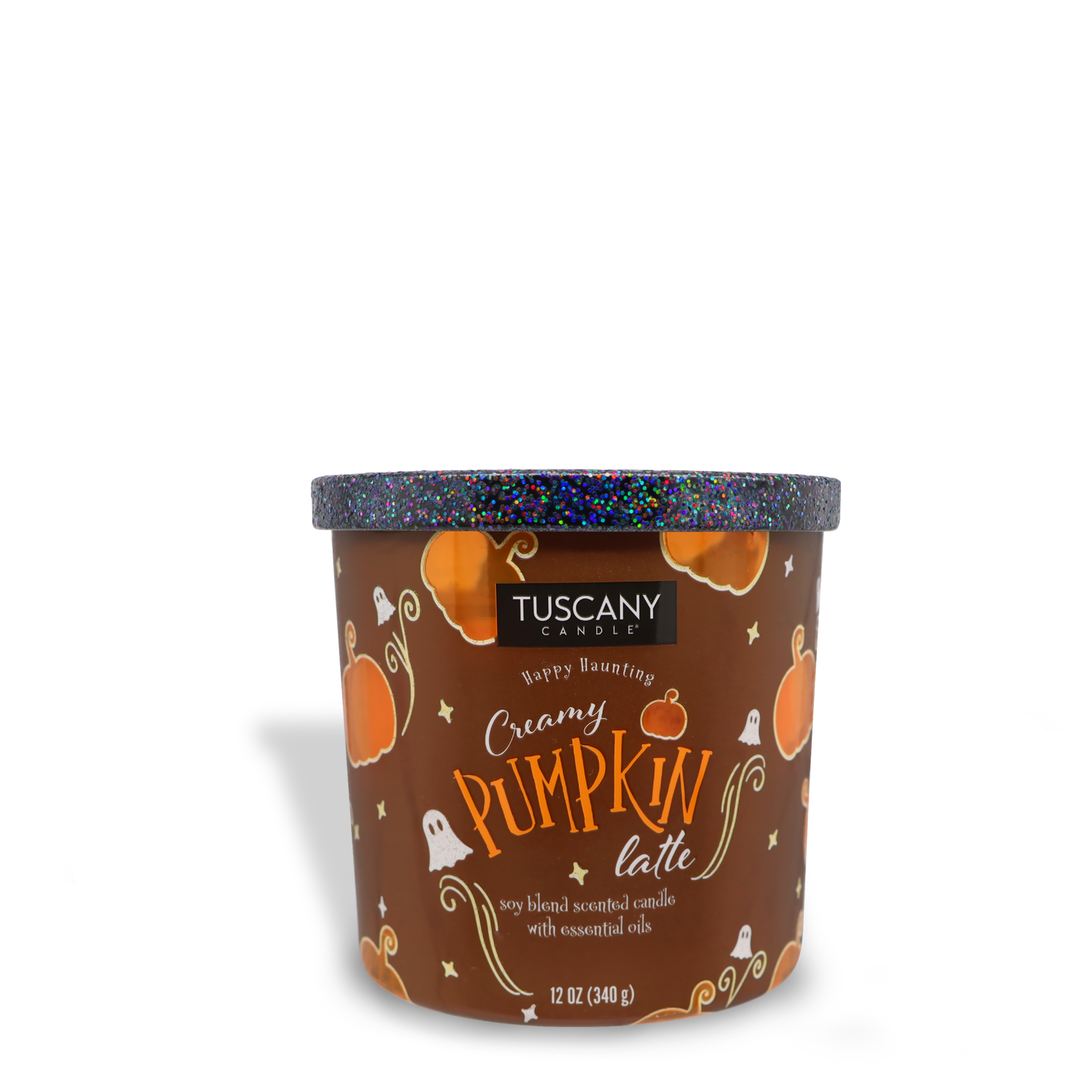 A 12 oz Tuscany Candle® SEASONAL Creamy Pumpkin Latte Long-Lasting Scented Jar Candle in a brown container featuring pumpkin illustrations, crafted with premium satin wax for an exceptional burn experience.