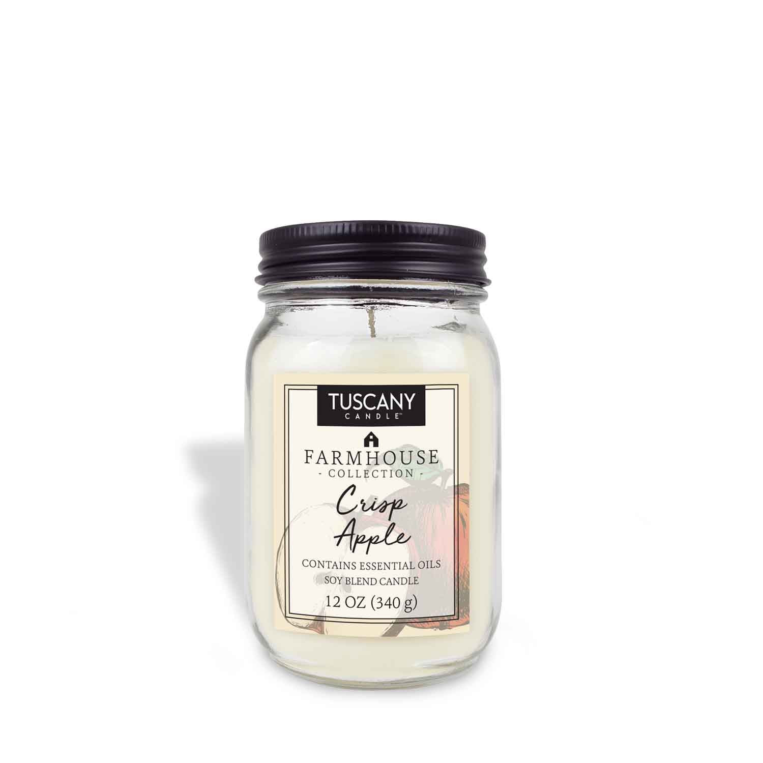 A Crisp Apple Scented Jar Candle (12 oz) from Tuscany Candle® EVD in a rustic mason jar on a white background.
