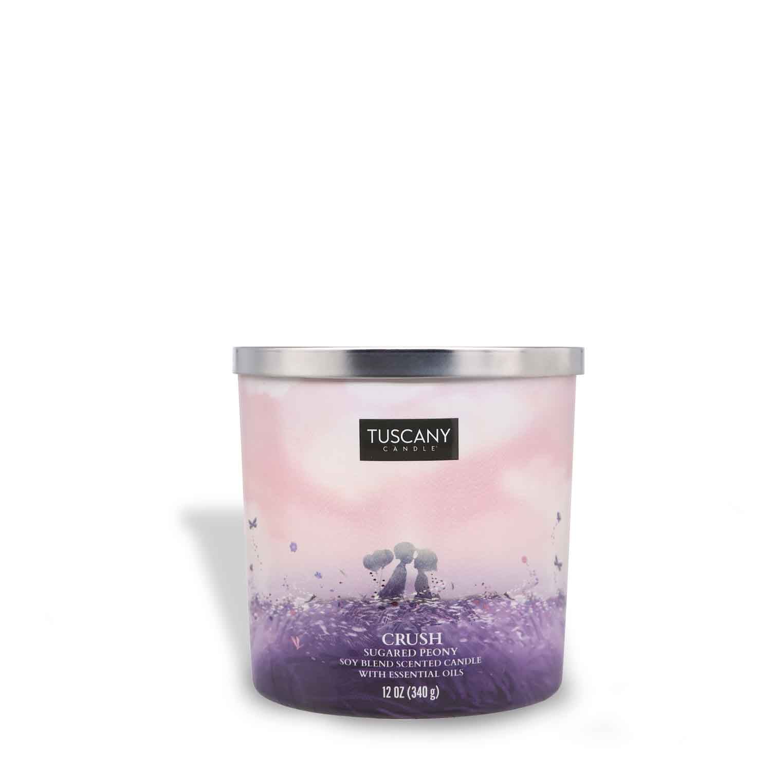 A tin of Crush Scented Jar Candle (12 oz) from the Tuscany Candle® SEASONAL Carried Away Collection, reminiscent of a sugared vanilla peony.
