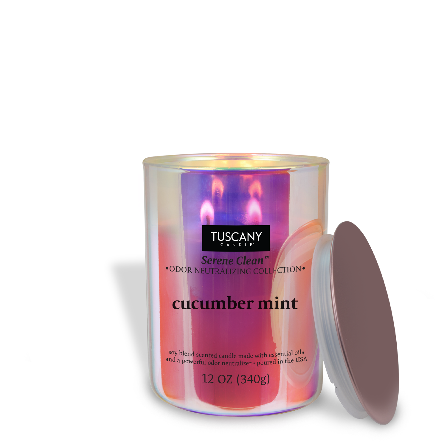 A Tuscany Candle® EVD reveals two lit wicks once its purple lid is removed. The Cucumber Mint Scented Jar Candle, part of the Serene Clean Collection, weighs 12 oz (340 g) and is infused with essential oils to neutralize odors.