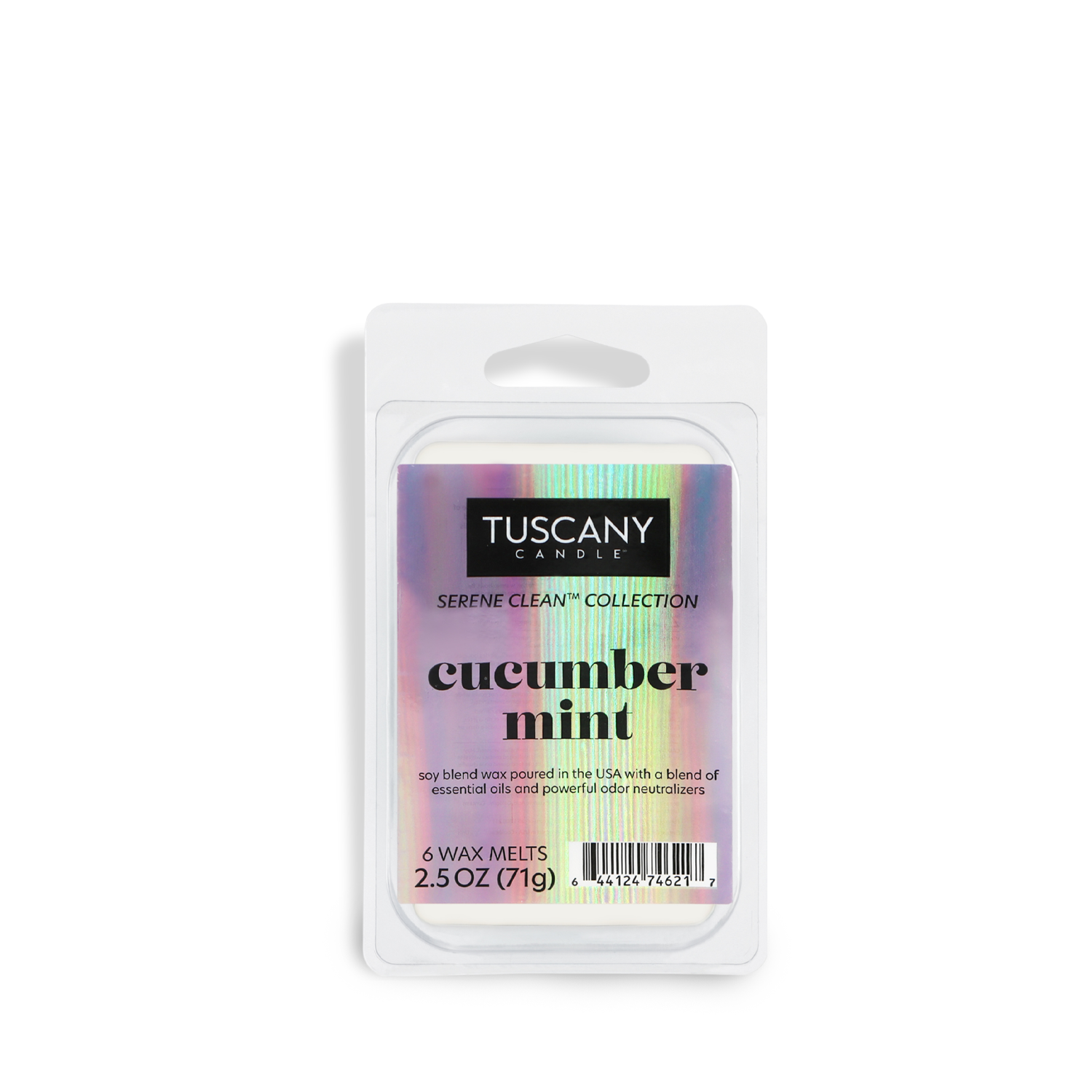 The Cucumber Mint Scented Odor Control Wax Melt, 2.5 oz, from the Tuscany Candle® EVD Serene Clean Collection provides an odor-eliminating experience.