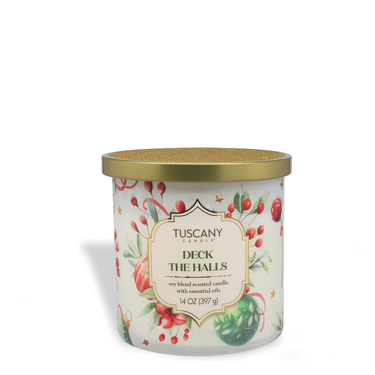 A 14 oz Tuscany Candle® SEASONAL from the Traditions Collection, "Deck The Halls: Evergreen & Clementine," features a gold lid and festive holiday floral and berry design.