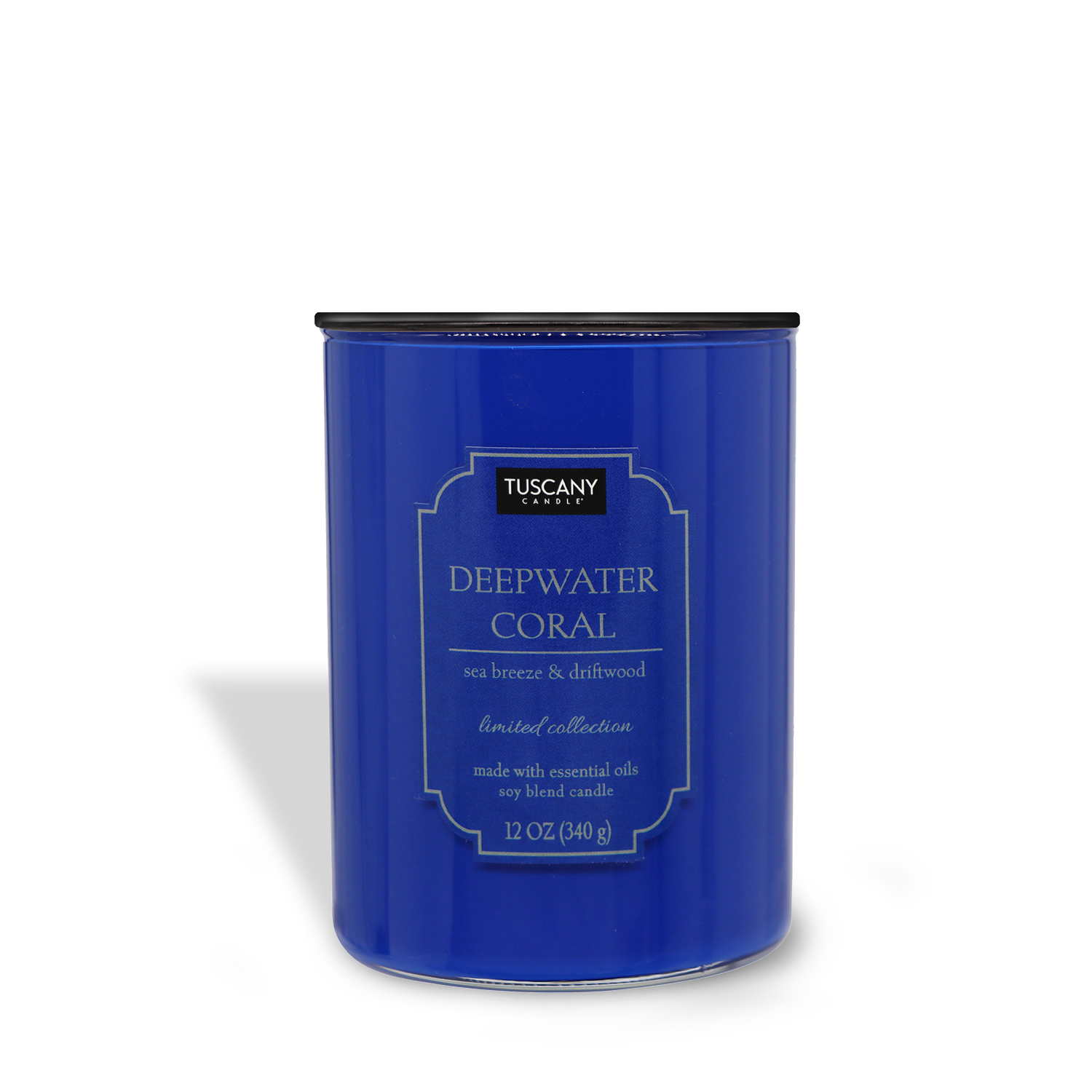 Blue candle in a tin labeled "Deepwater Coral (12 oz) candle from the Colorsplash Collection, sea breeze & driftwood notes, limited collection, soy blend candle" on a white background by Tuscany Candle® EVD.