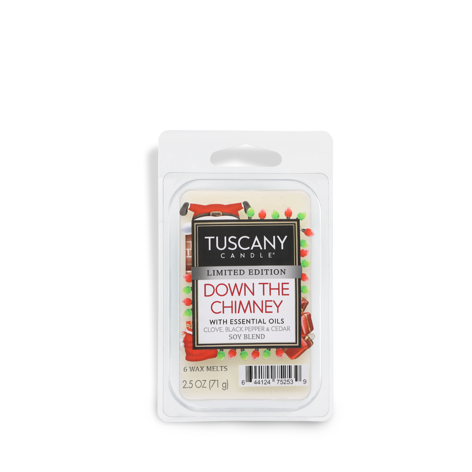 Tuscany Candle® SEASONAL's limited edition "Down The Chimney Scented Wax Melt" features a festive design with holiday colors and offers a 2.5 oz (71 g) soy blend infused with clove, sulky pine, and cedar.