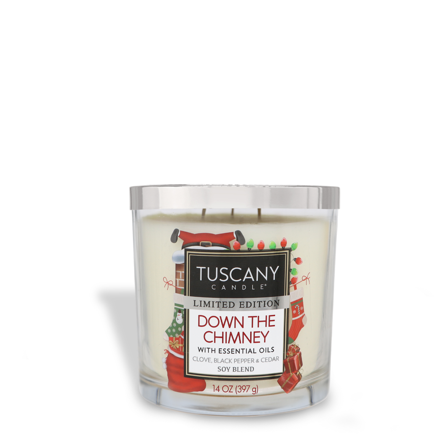 A "Down The Chimney Long-Lasting Scented Jar Candle (14 oz)" by Tuscany Candle® SEASONAL. This limited edition candle has a clove, black pepper cream aroma and features holiday-themed graphics.