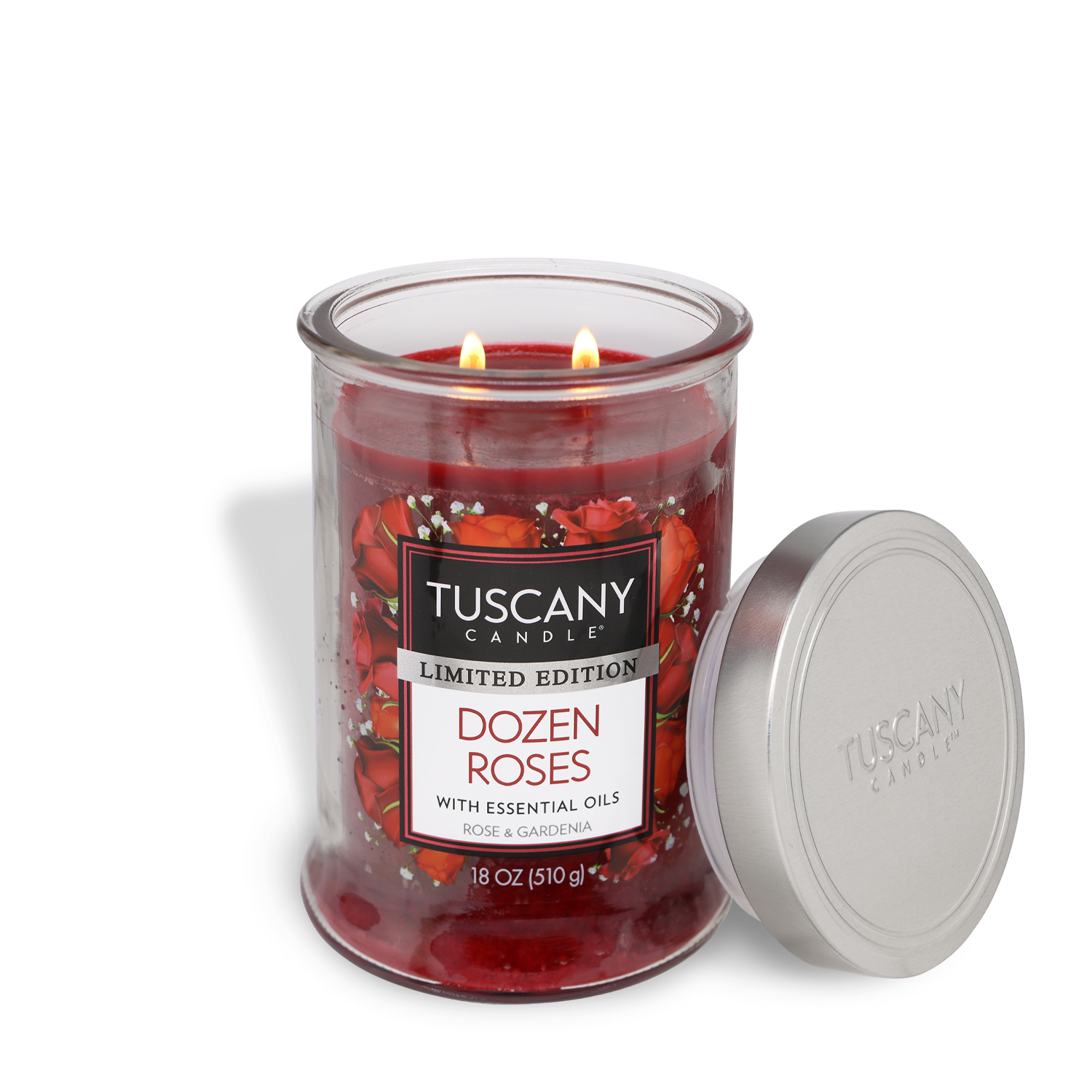 The Dozen Roses: Floral Scented Valentine’s Day Candle by Tuscany Candle® SEASONAL fills the room with enduring aromas of rose and gardenia, thanks to its two lit wicks in a stylish glass jar. Designed for Valentine's Day, it comes with a lid that sits gracefully next to the jar.