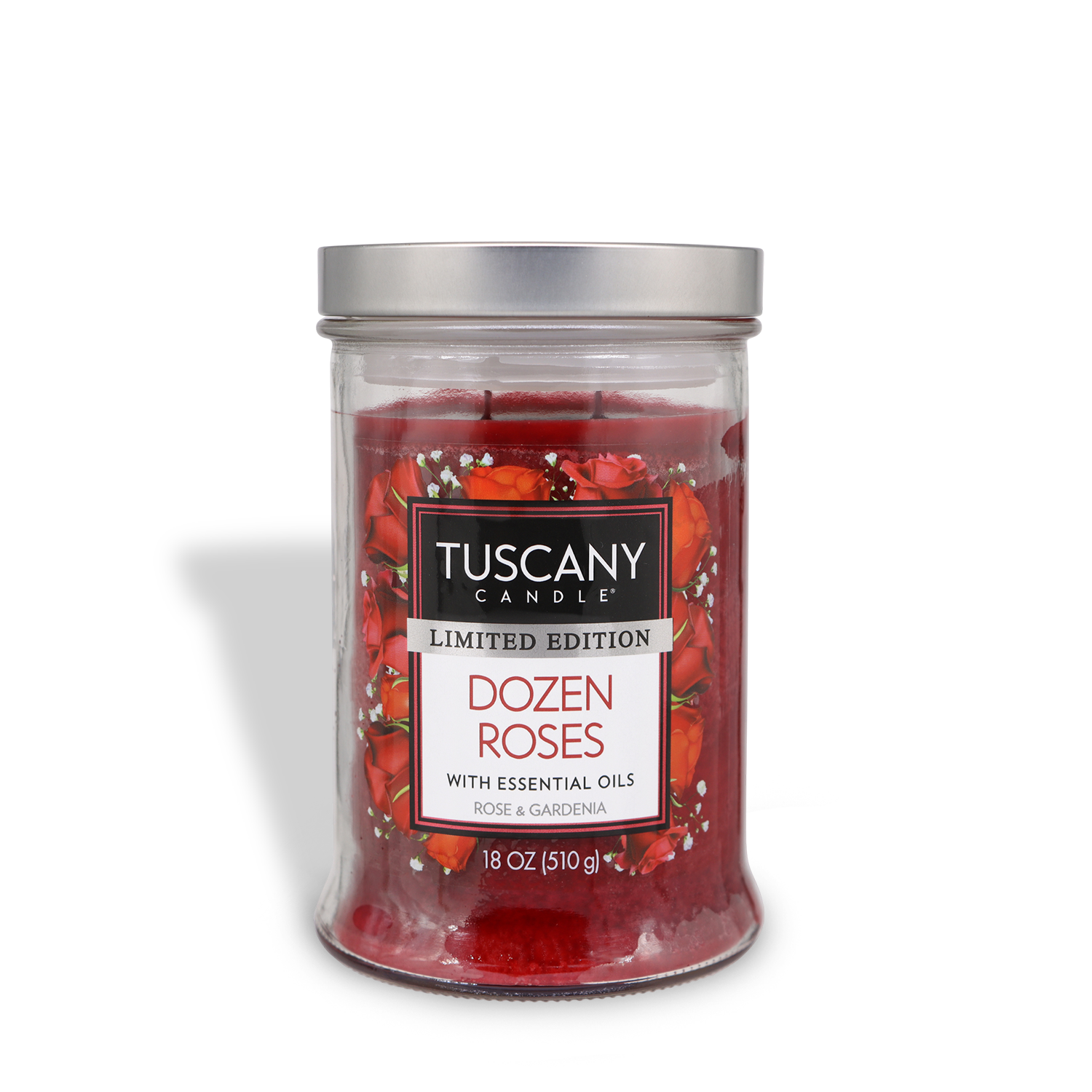 Discover the Tuscany Candle® SEASONAL "Dozen Roses: Floral Scented Valentine’s Day Candle," an 18 oz (510 g) delight with lasting rose and gardenia notes, ideal for creating a romantic ambiance.