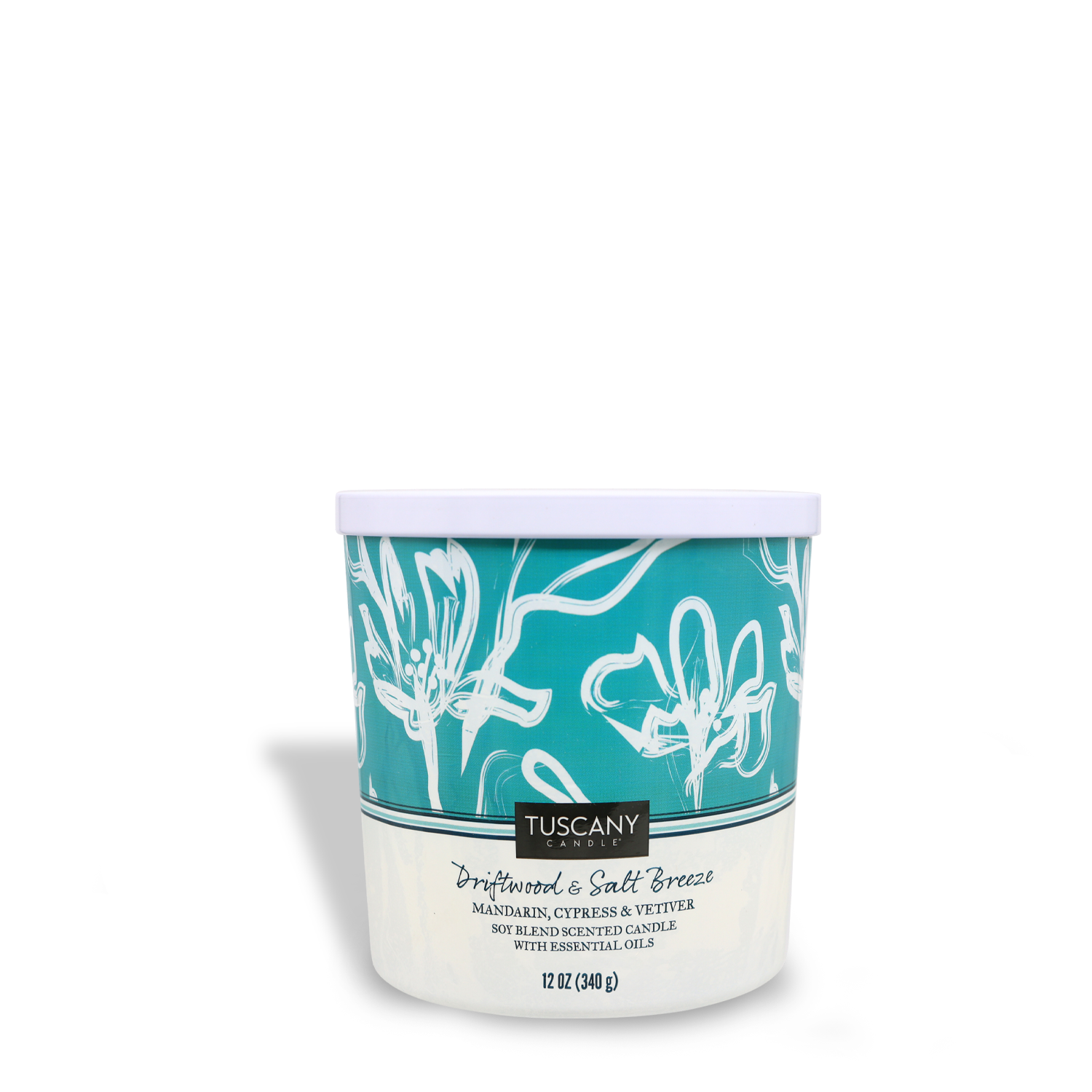 A container of Tuscany Candle® SEASONAL Driftwood & Salt Breeze (12 oz) scented candle on a white background.