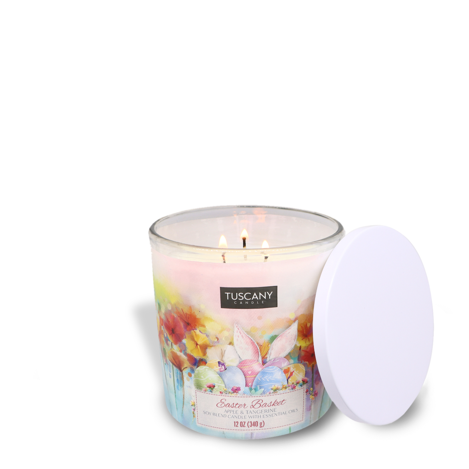 A Easter Basket Long-Lasting Scented Jar Candle (12 oz) with a white lid and flowers on it, perfect as an Easter gift or for placing in an Easter basket, from Tuscany Candle® SEASONAL.