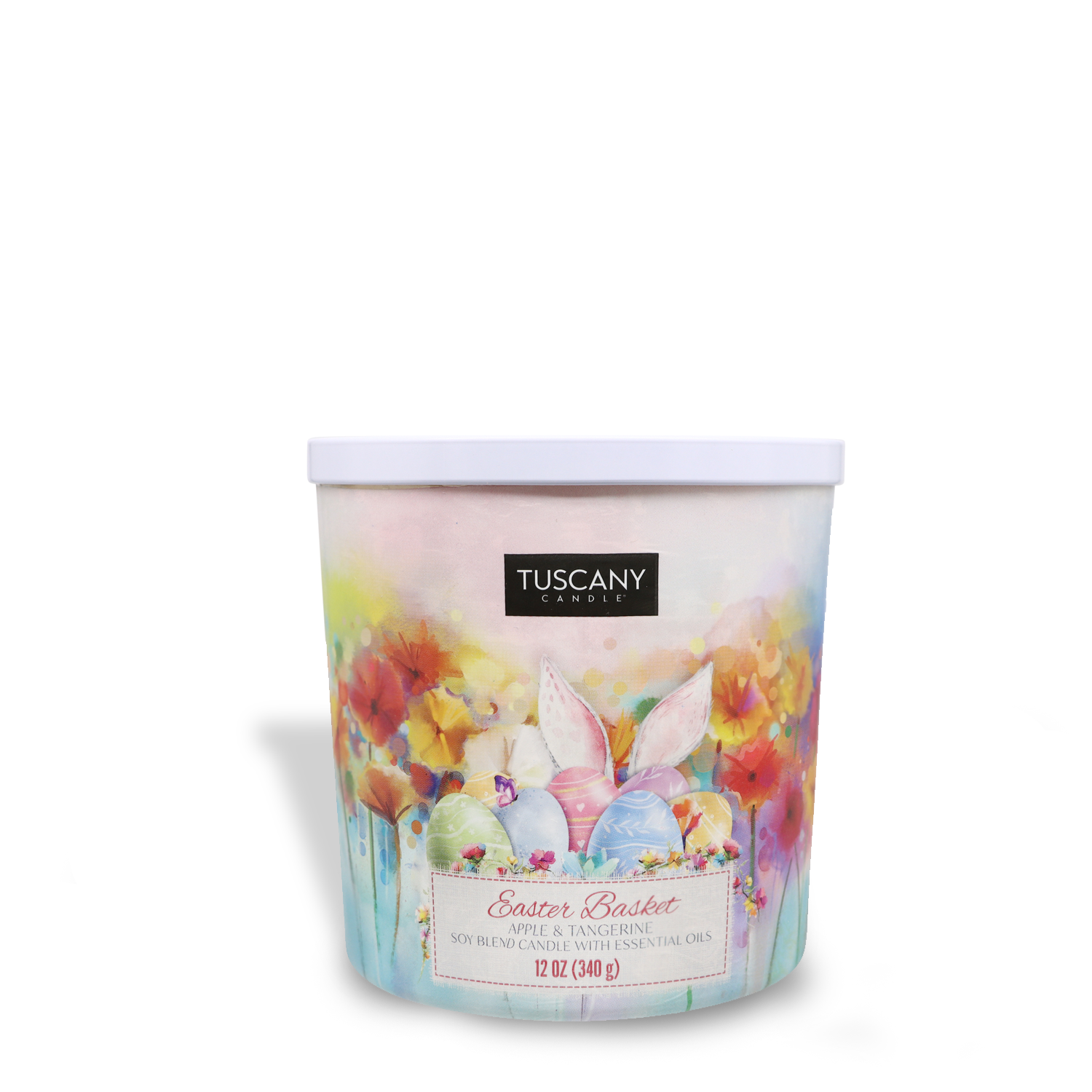 A bucket of Easter Basket Long-Lasting Scented Jar Candle (12 oz) with a painting on it, perfect as a Tuscany Candle® SEASONAL gift.