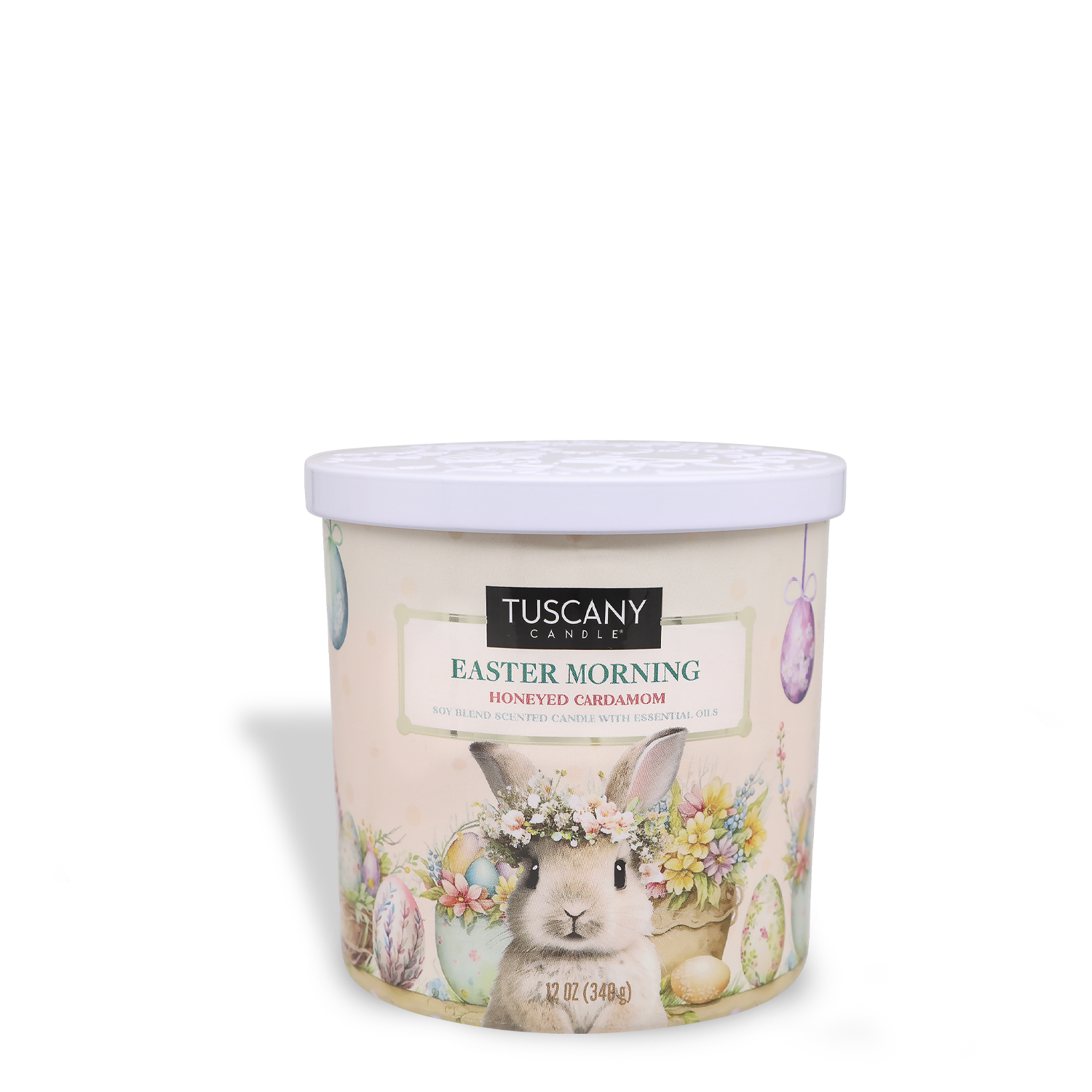 A Tuscany Candle® SEASONAL product named "Easter Morning: Cardamom & Honey Scented Easter Candle" (12 oz) features a rabbit and Easter-themed designs on its packaging.