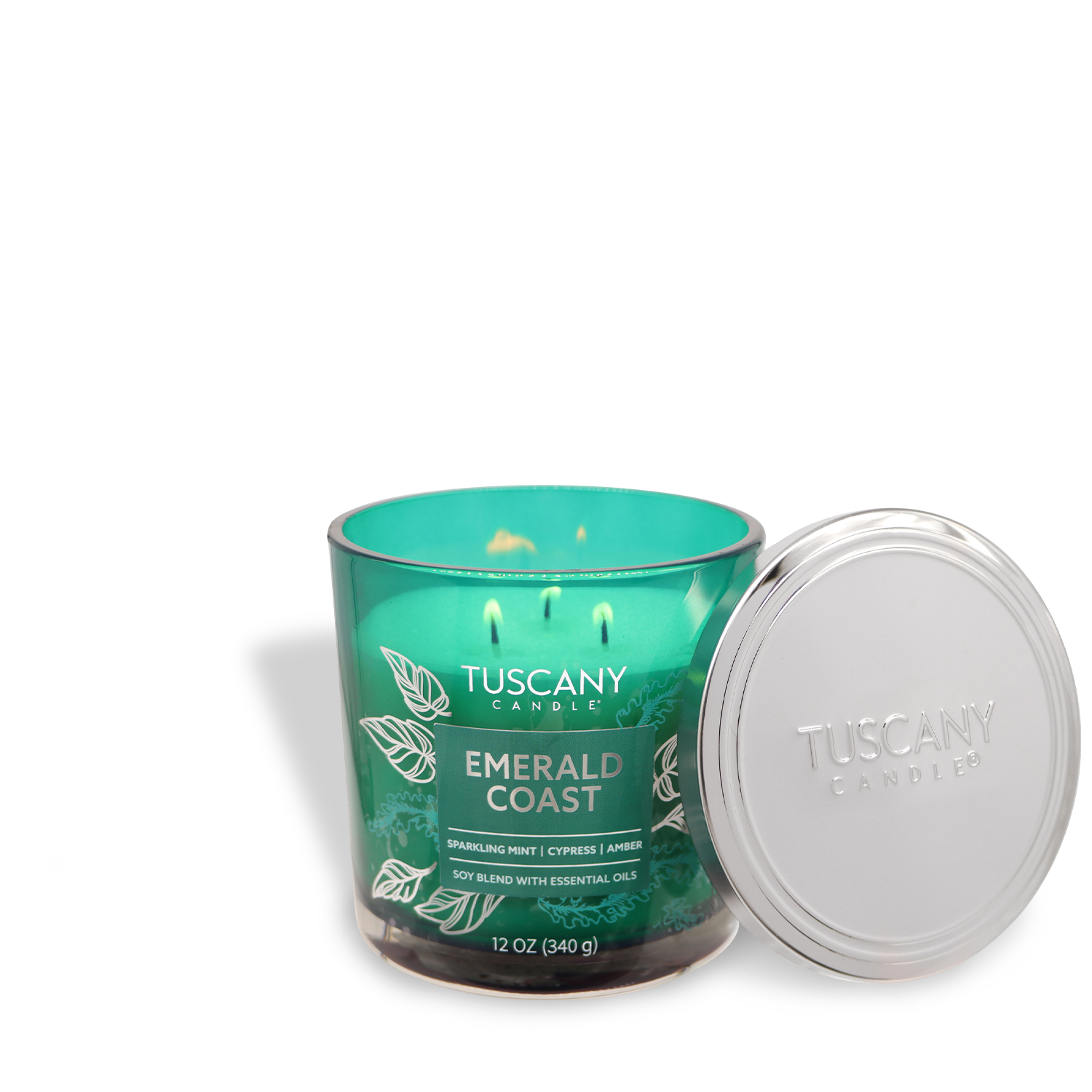 A 12 oz Mint Scented Jar Candle from the Painters' Palette Collection by Tuscany Candle® EVD, marketed as "Emerald Coast," with soy blend and essential oils. The lid is next to it.