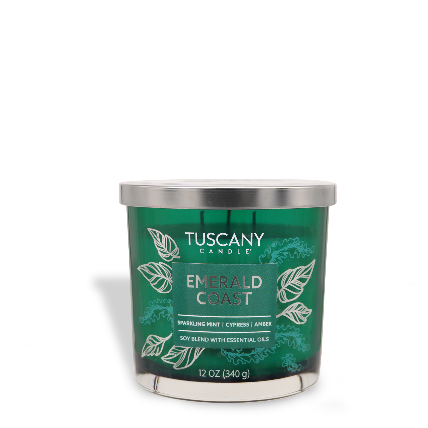 Green Tuscany Candle® EVD 12 oz "Emerald Coast" candle from the Painters' Palette Collection, with scents of sparkling mint, cypress, and amber, featuring a silver lid.