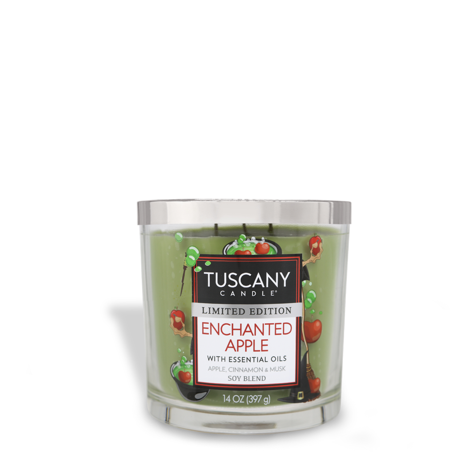 A green scented jar candle labeled "Tuscany Candle® SEASONAL Enchanted Apple Long-Lasting Scented Jar Candle (14 oz)" with essential oils, including apple, cinnamon, and musk. This 14 oz limited edition soy blend features premium satin wax for an elevated burn experience.