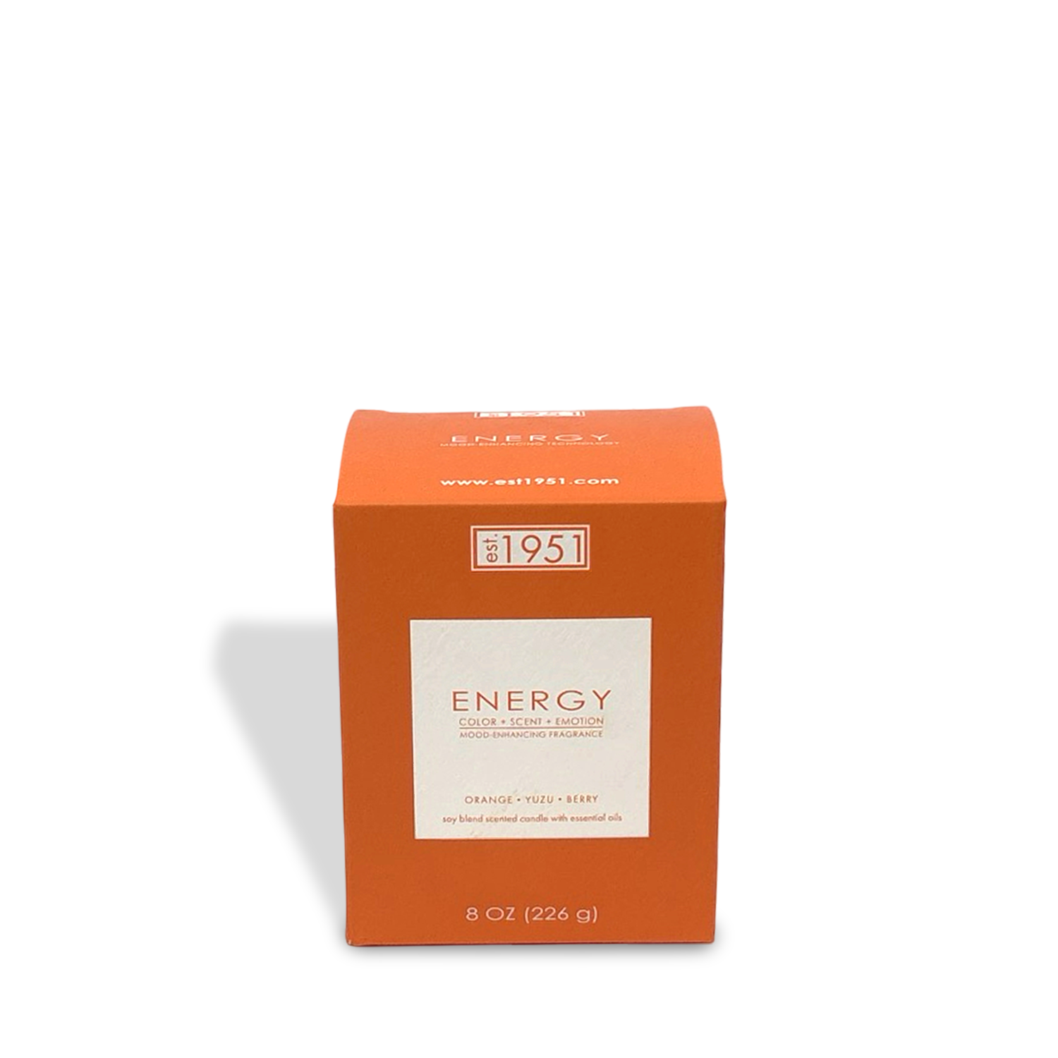 The orange "ENERGY" box by est.1951 holds the Energy (8oz) candle, featuring notes of Orange, Yuzu, and Berry. Minimal text and a clean look highlight this uplifting, clean-burning candle.