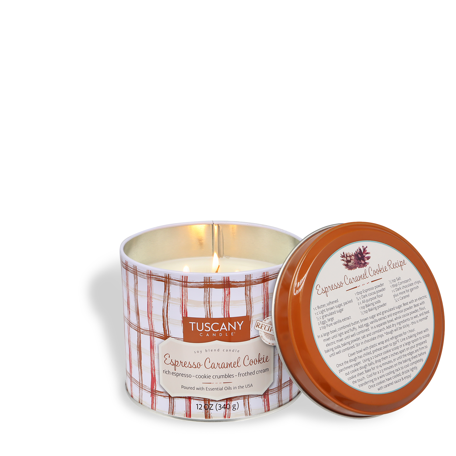 A Tuscany Candle® SEASONAL Bakery Tins 12 oz tin in Espresso Caramel Cookie: Sea Salt & Vanilla Bean scent sits with its lid off, showing a printed recipe inside the lid.