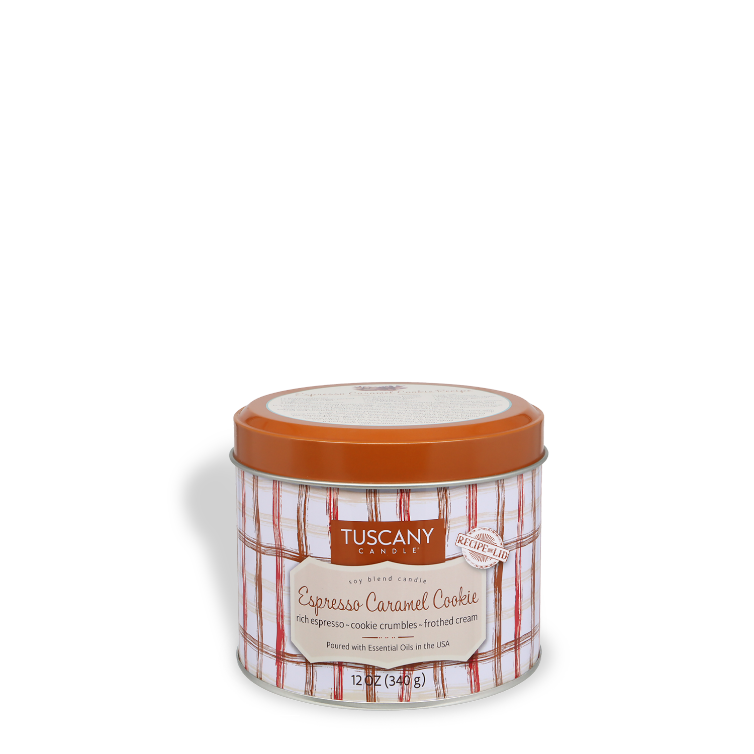 A 12 oz round tin from Tuscany Candle® SEASONAL's Bakery Tins Collection, labeled "Espresso Caramel Cookie: Sea Salt & Vanilla Bean," features an orange lid and a plaid design.