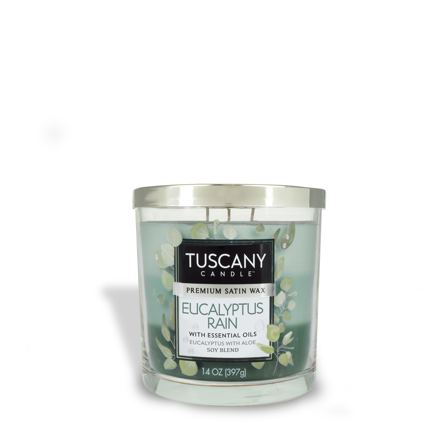 Tuscany Candle® EVD Eucalyptus Rain Long-Lasting Scented Jar Candle (14 oz) with eucalyptus relaxation aroma.